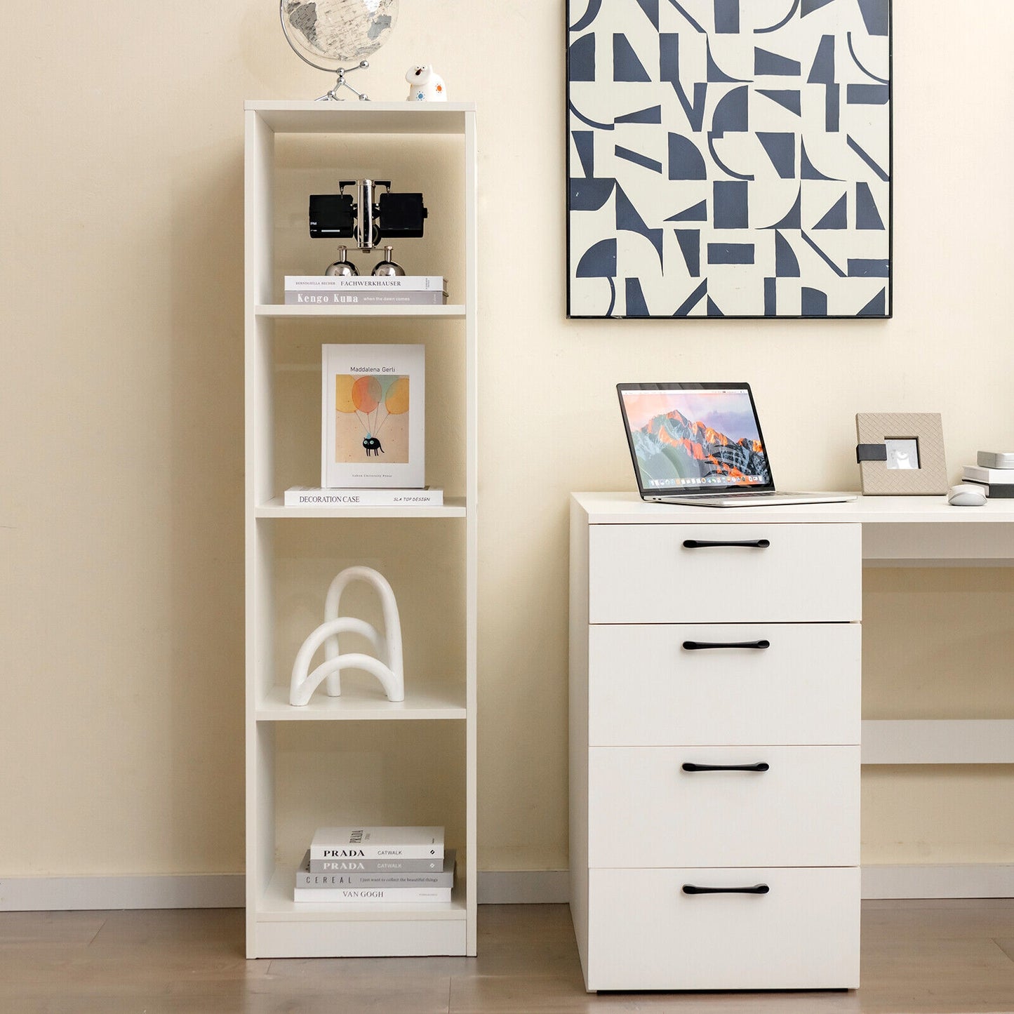 5 Tiers 4-Cube Narrow Bookshelf with 4 Anti-Tipping Kits-White Kids Crystal