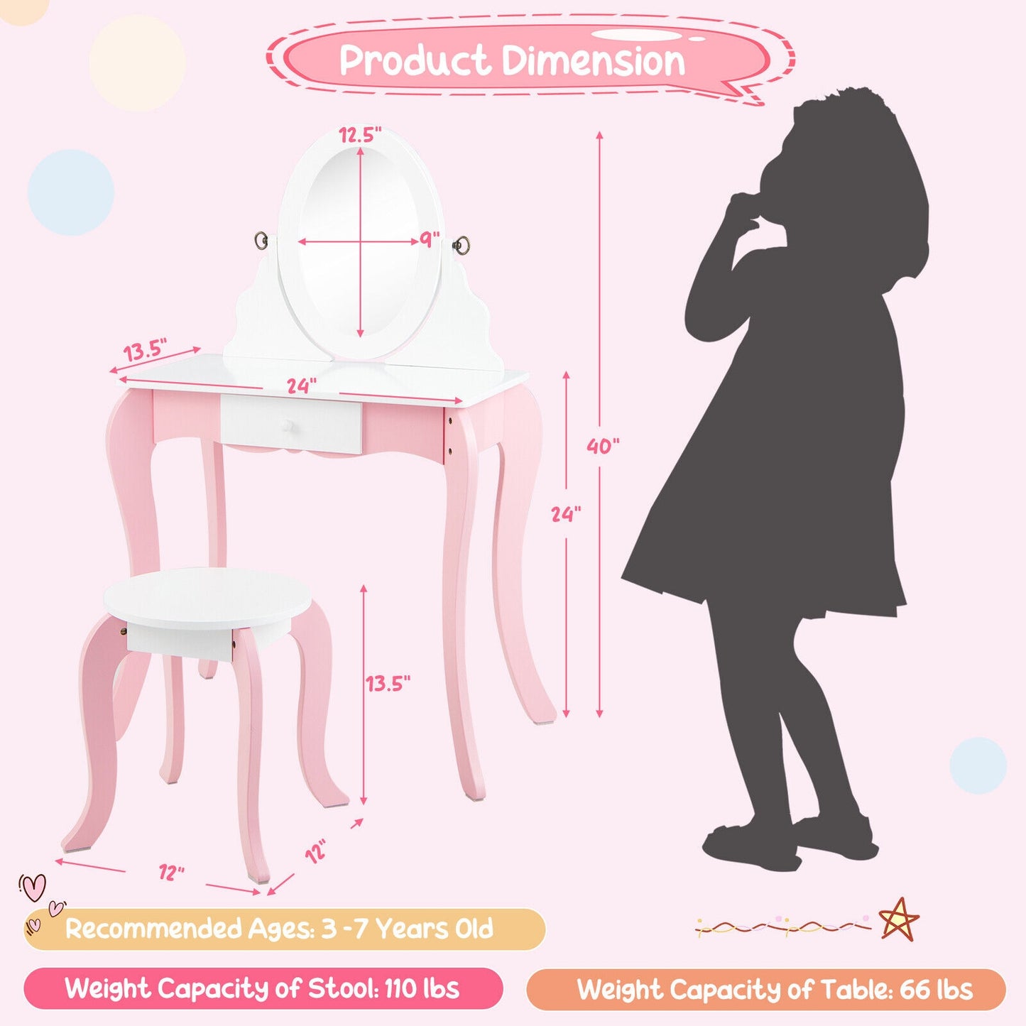 Pretend Kids Vanity Set with 360° Rotatable Mirror and Play Accessories Kids Crystal