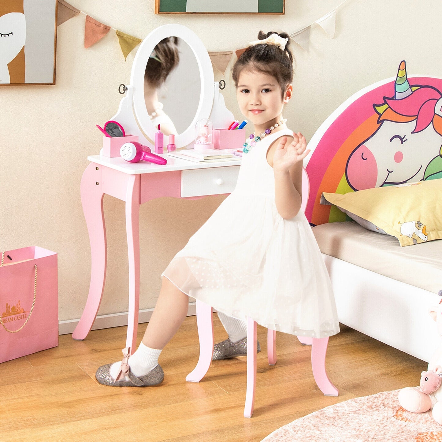 Pretend Kids Vanity Set with 360° Rotatable Mirror and Play Accessories Kids Crystal