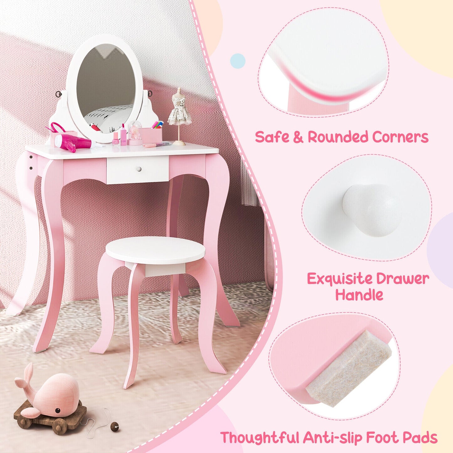 Pretend Kids Vanity Set with 360° Rotatable Mirror and Play Accessories Kids Crystal