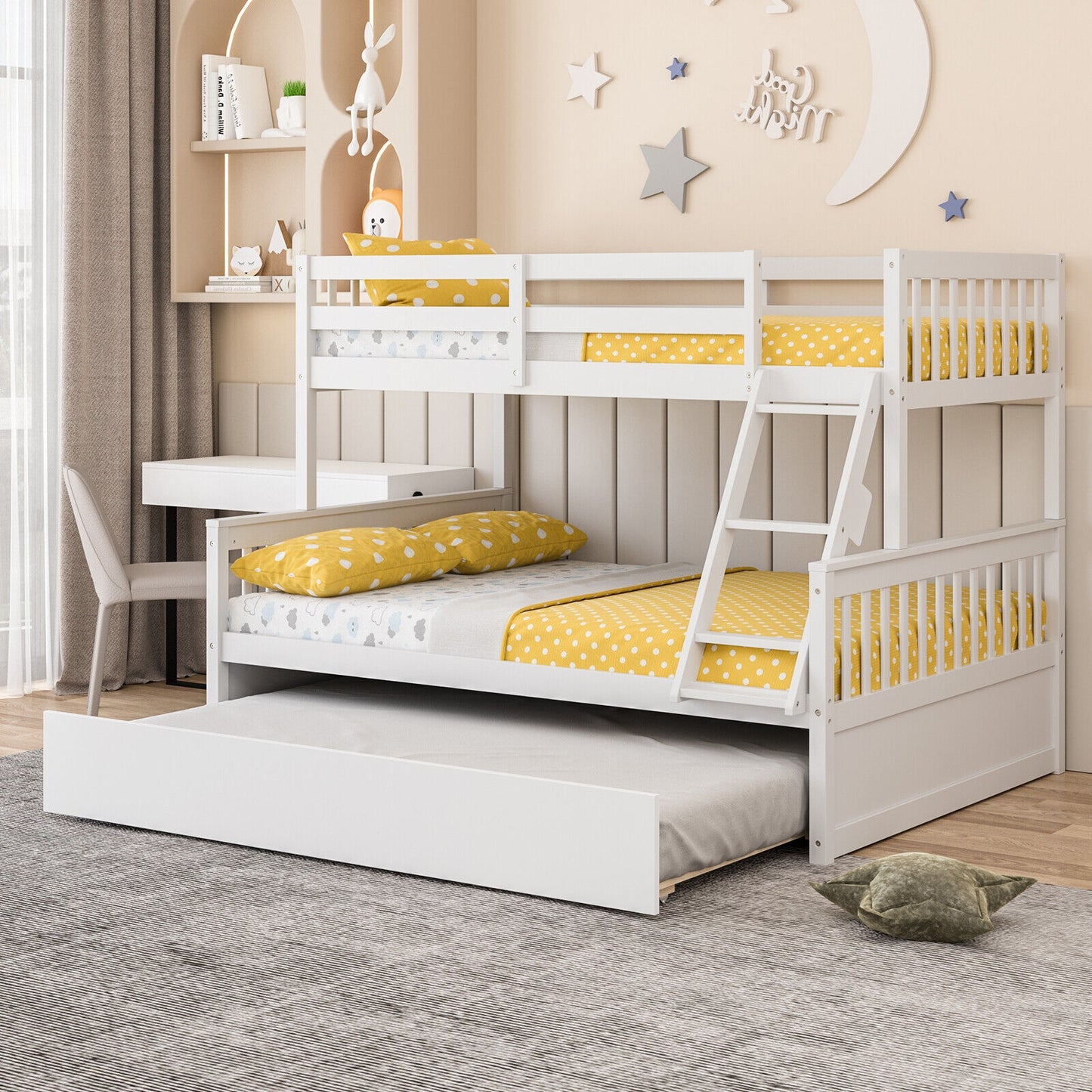 Twin Over Full Convertible Bunk Bed with Twin Trundle-White Kids Crystal