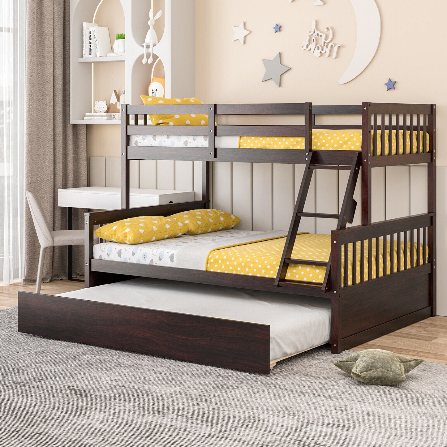 Twin Over Full Convertible Bunk Bed with Twin Trundle-Espresso Kids Crystal