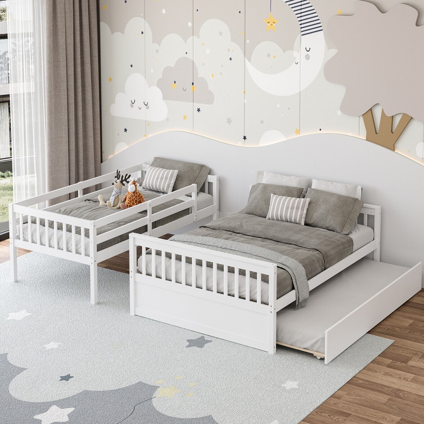 Twin Over Full Convertible Bunk Bed with Twin Trundle-White Kids Crystal