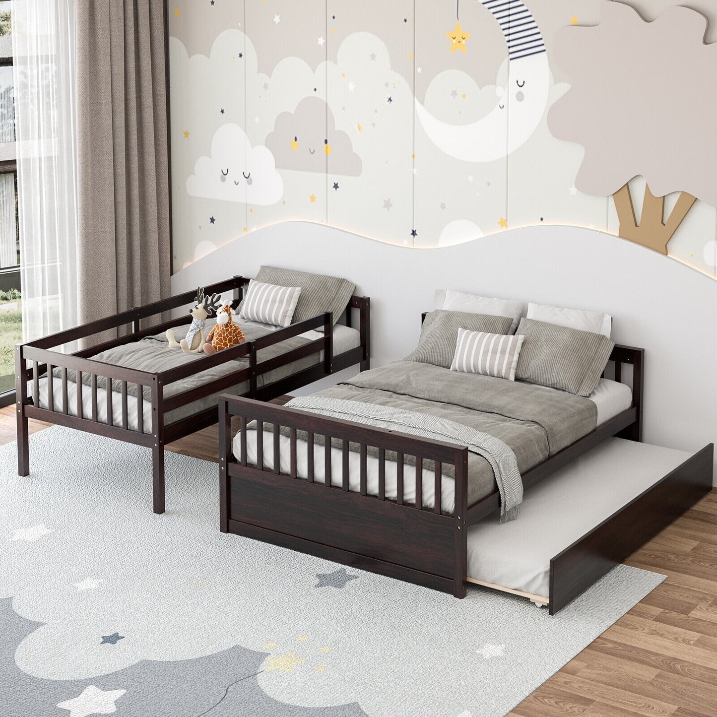 Twin Over Full Convertible Bunk Bed with Twin Trundle-Espresso Kids Crystal