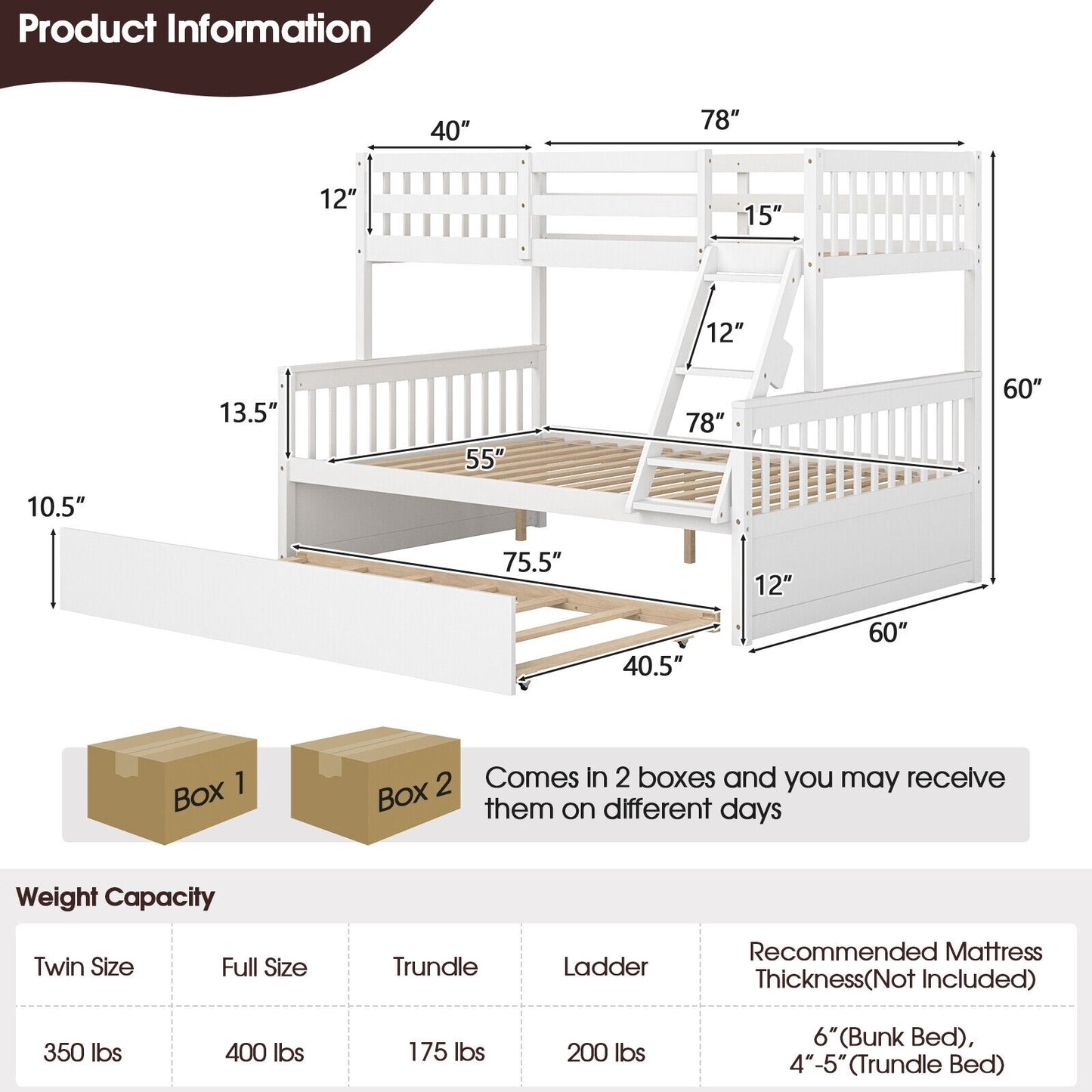Twin Over Full Convertible Bunk Bed with Twin Trundle-White Kids Crystal