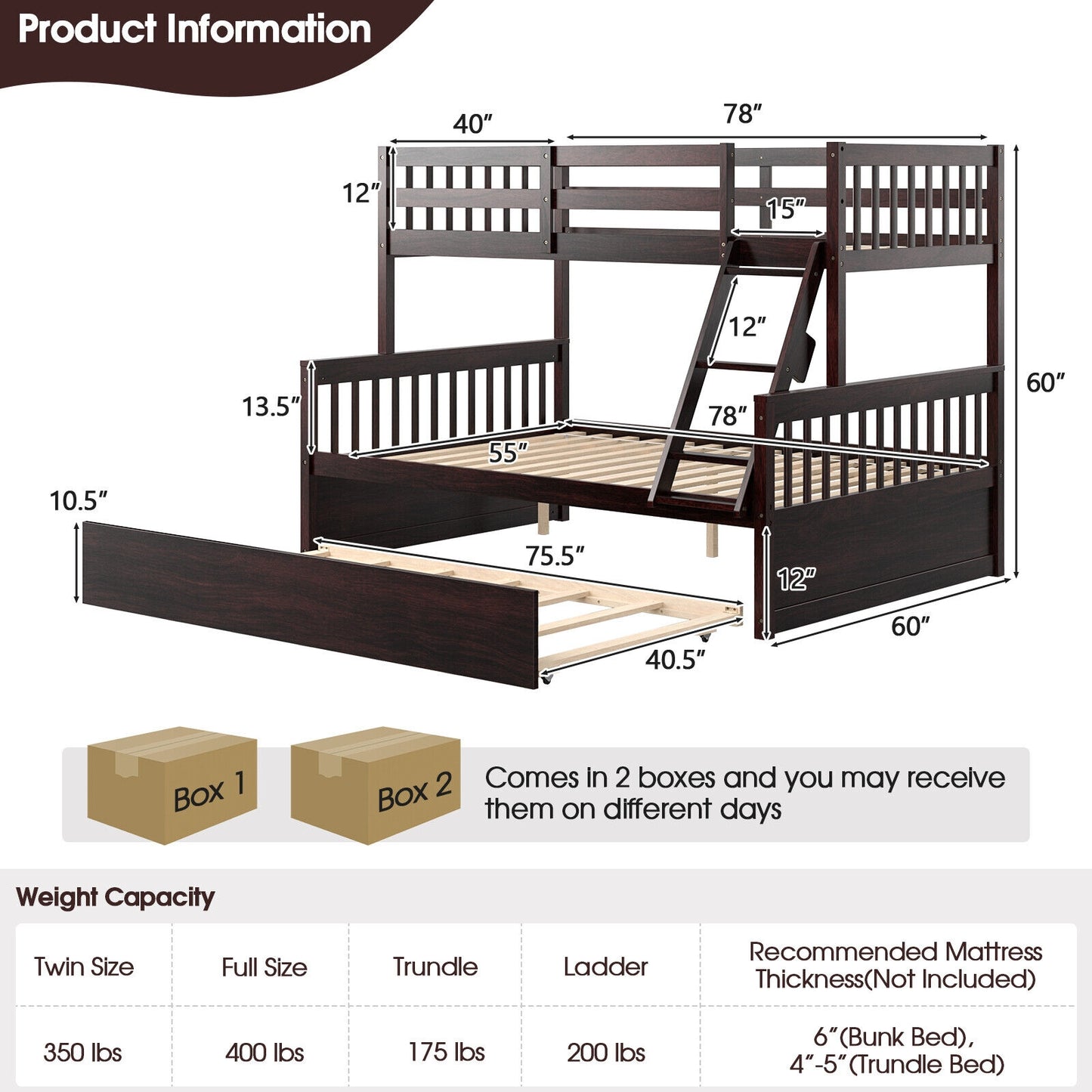 Twin Over Full Convertible Bunk Bed with Twin Trundle-Espresso Kids Crystal