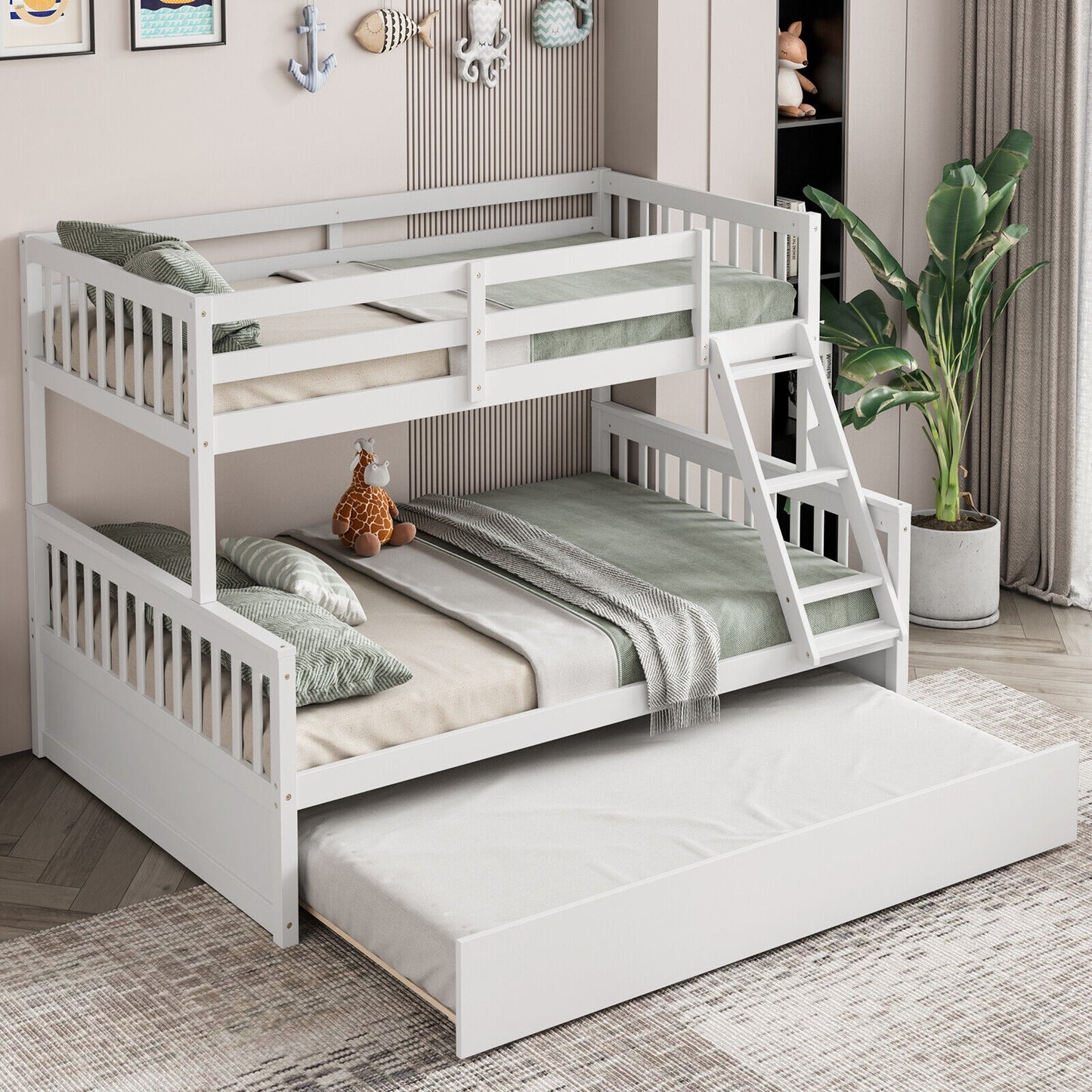 Twin Over Full Convertible Bunk Bed with Twin Trundle-White Kids Crystal