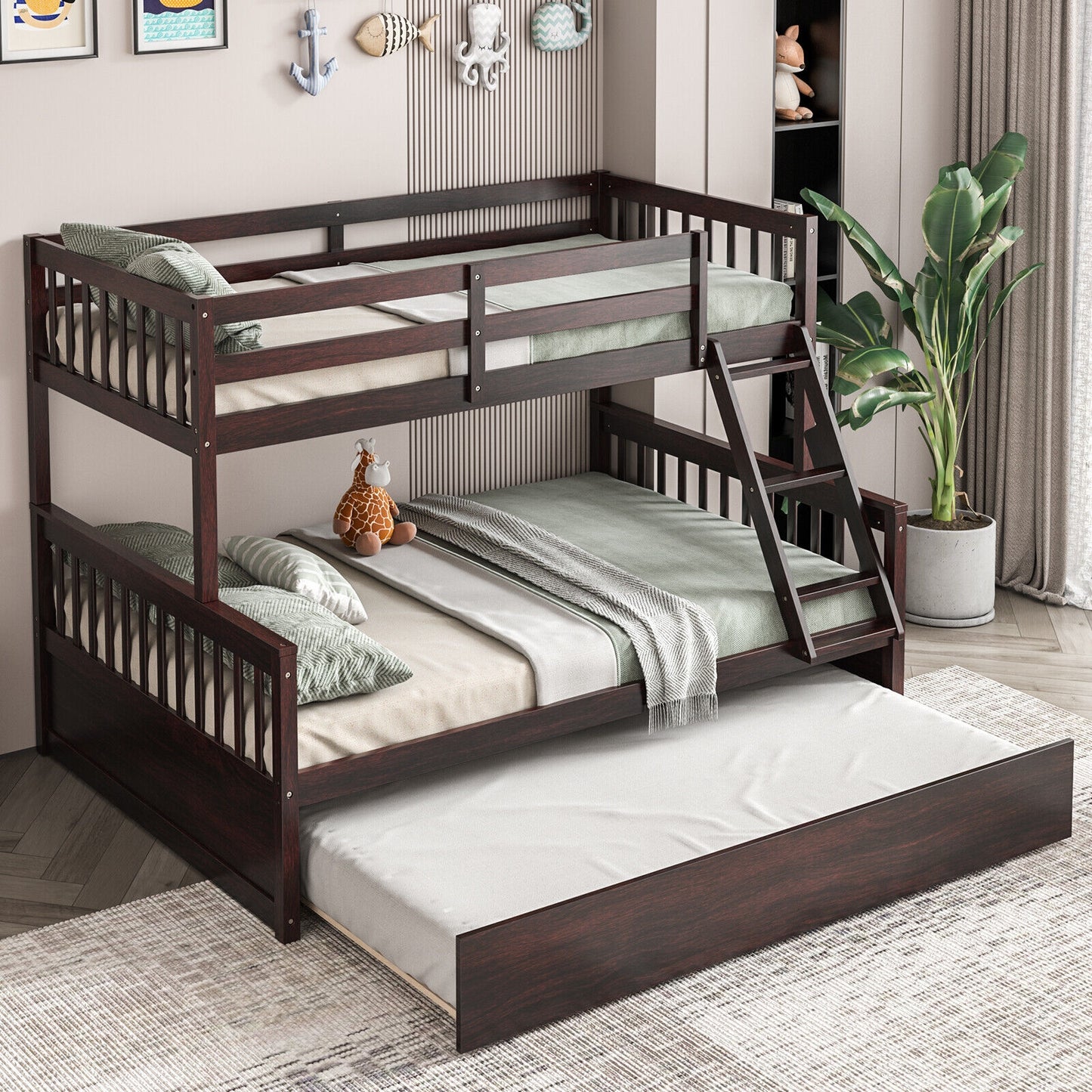 Twin Over Full Convertible Bunk Bed with Twin Trundle-Espresso Kids Crystal