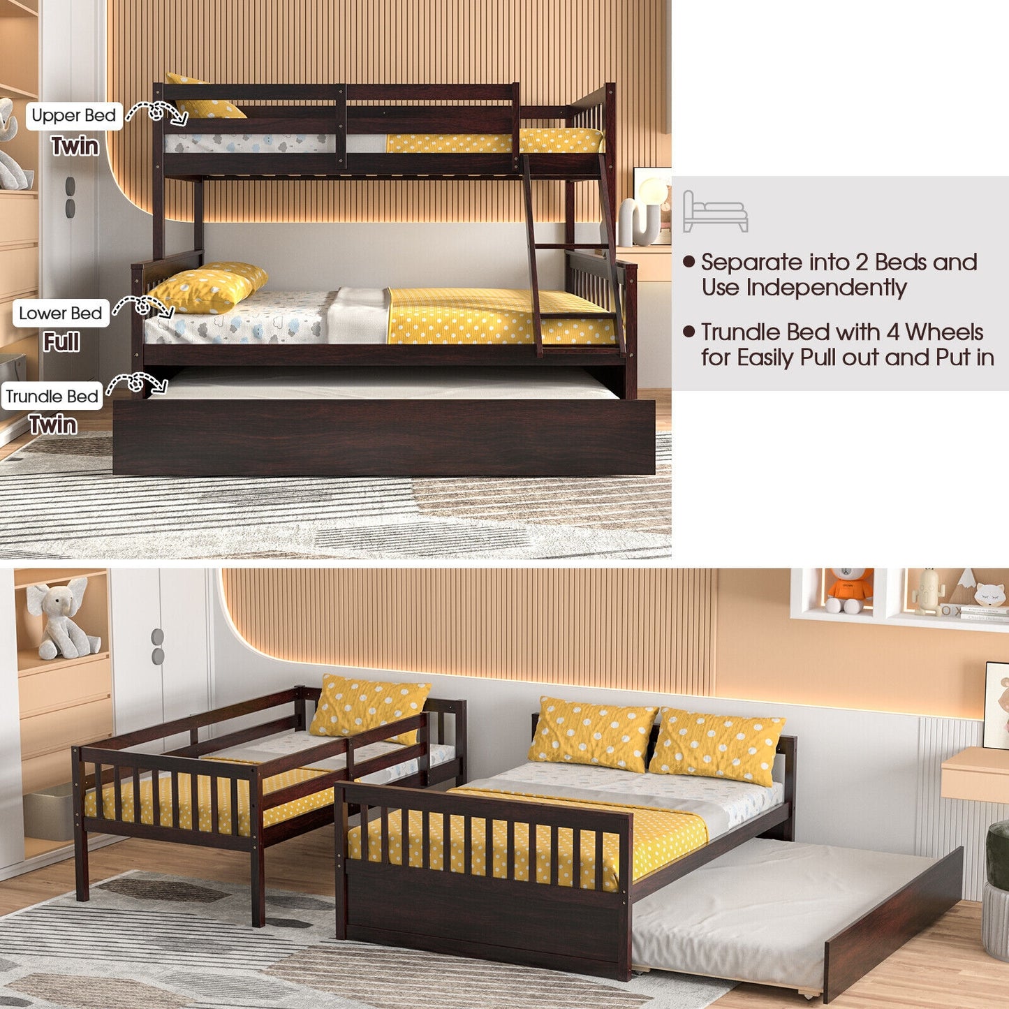 Twin Over Full Convertible Bunk Bed with Twin Trundle-Espresso Kids Crystal