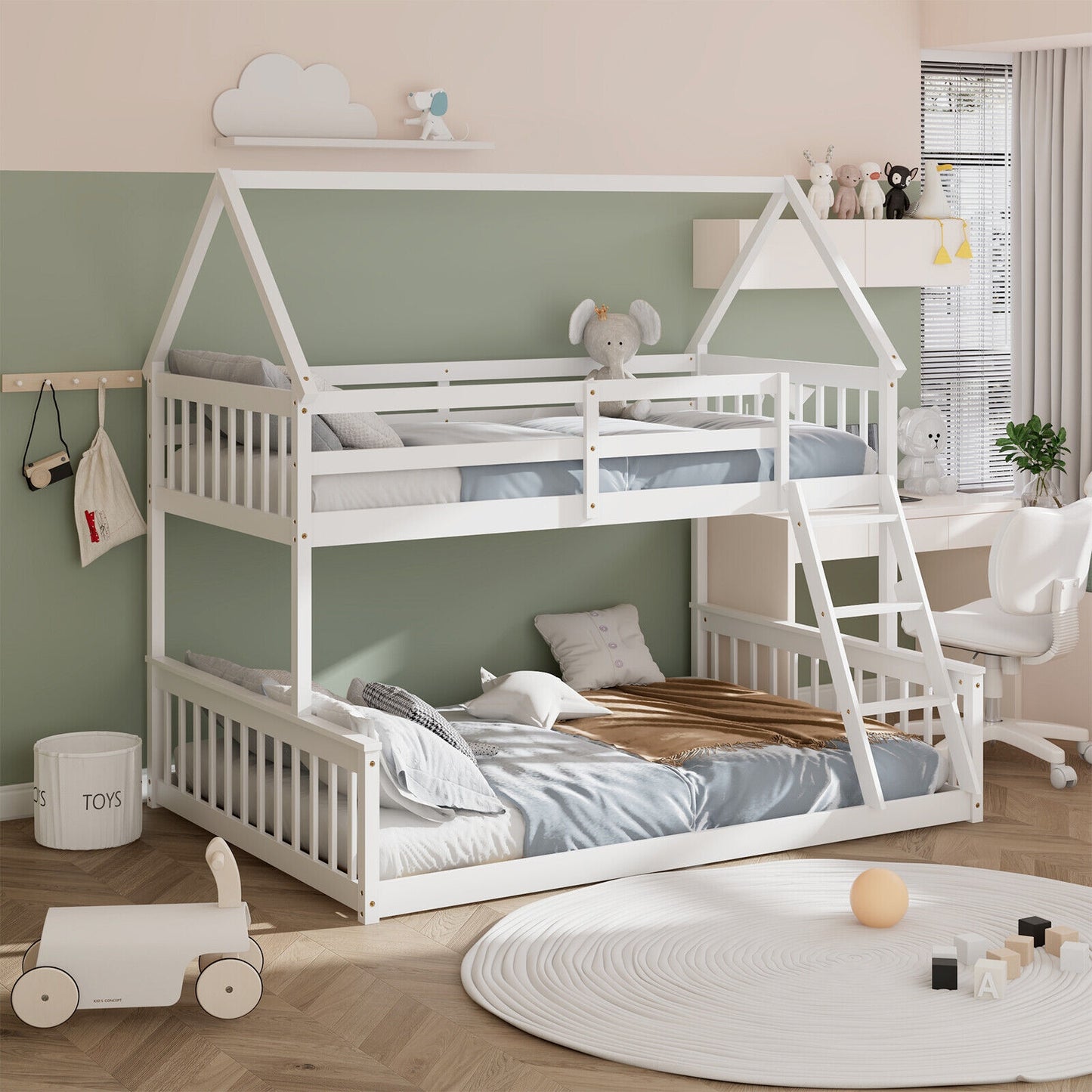 Twin Over Full House Bunk Bed with Ladder and Guardrails-White Kids Crystal