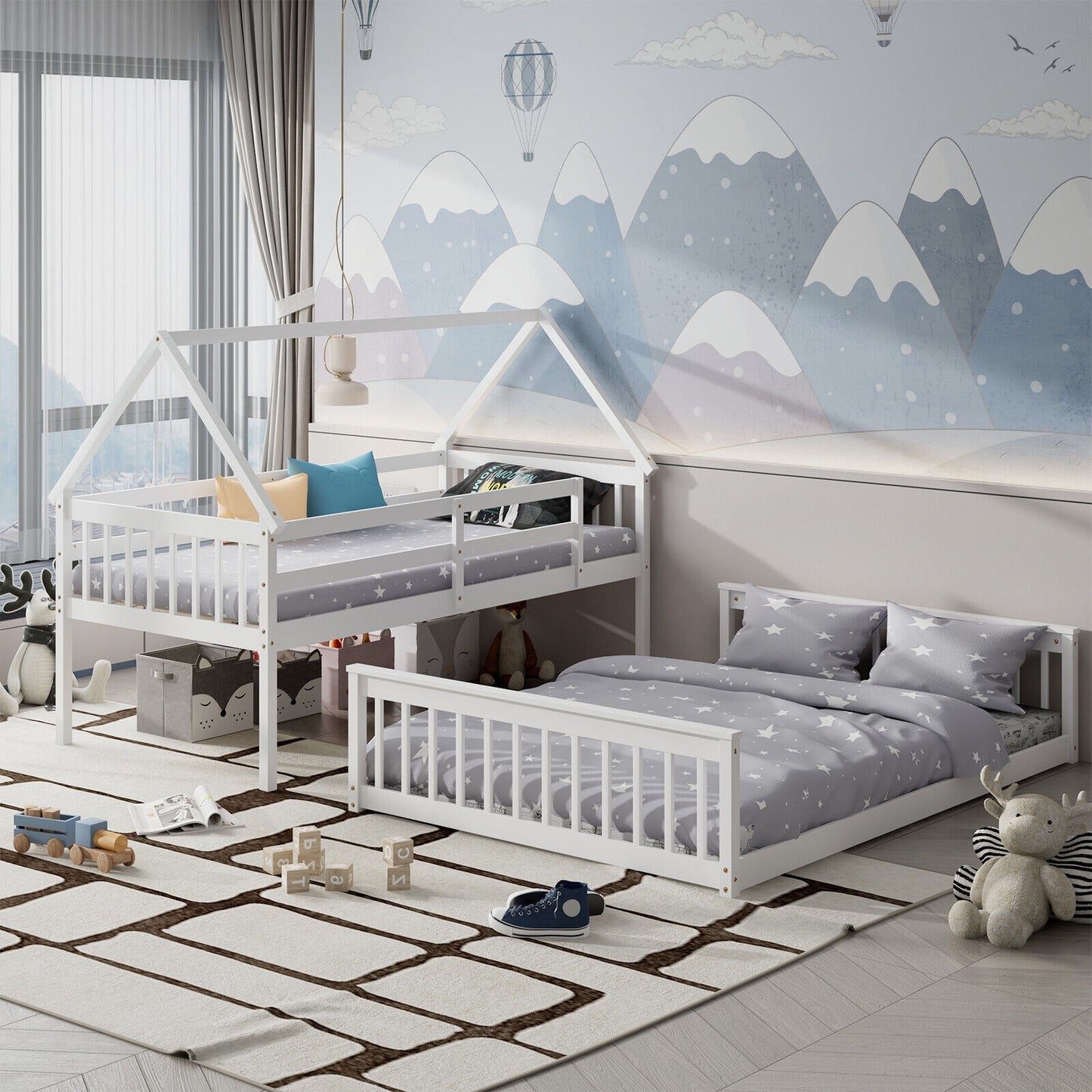 Twin Over Full House Bunk Bed with Ladder and Guardrails-White Kids Crystal