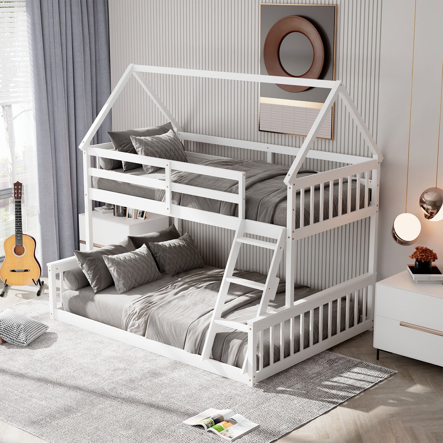 Twin Over Full House Bunk Bed with Ladder and Guardrails-White Kids Crystal