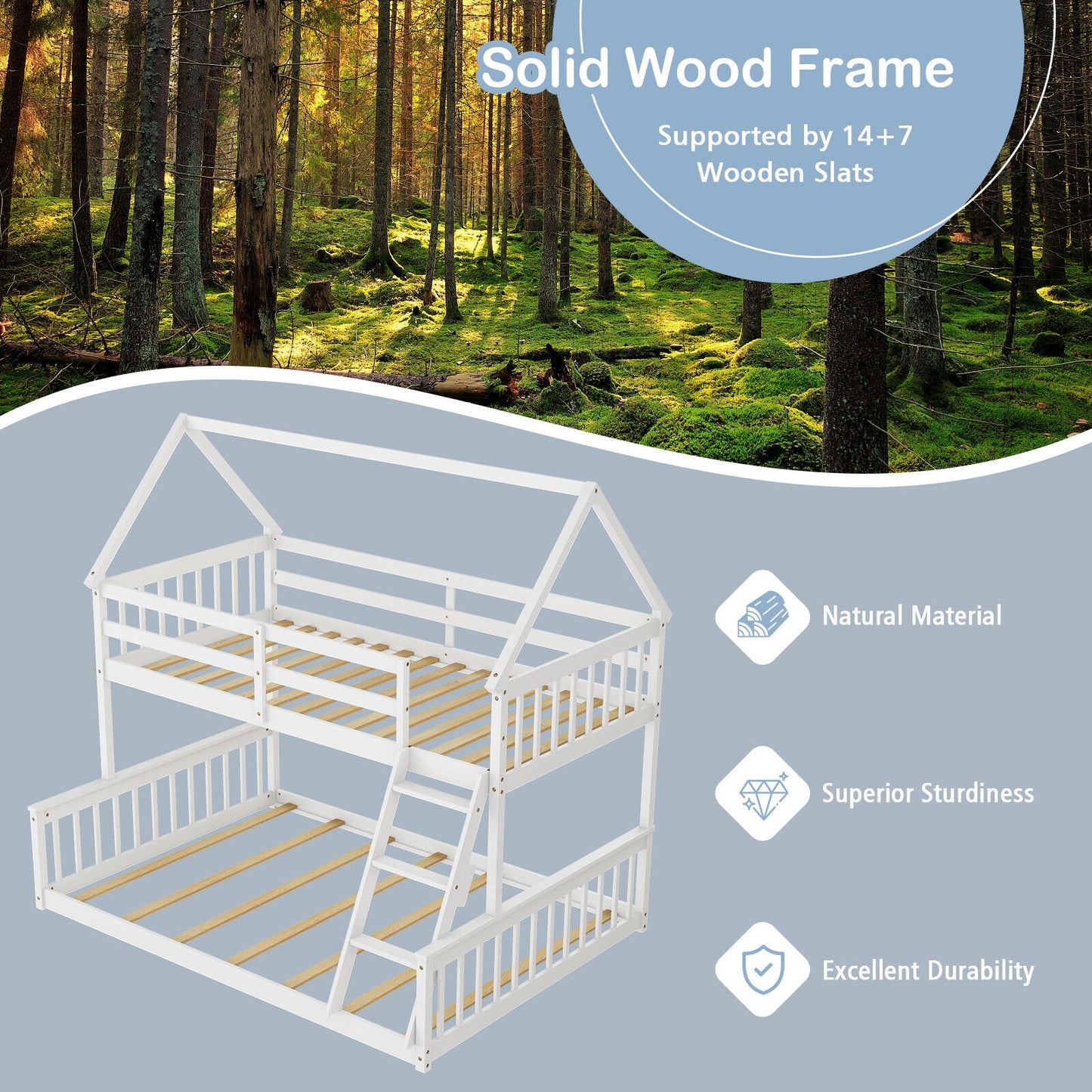 Twin Over Full House Bunk Bed with Ladder and Guardrails-White Kids Crystal