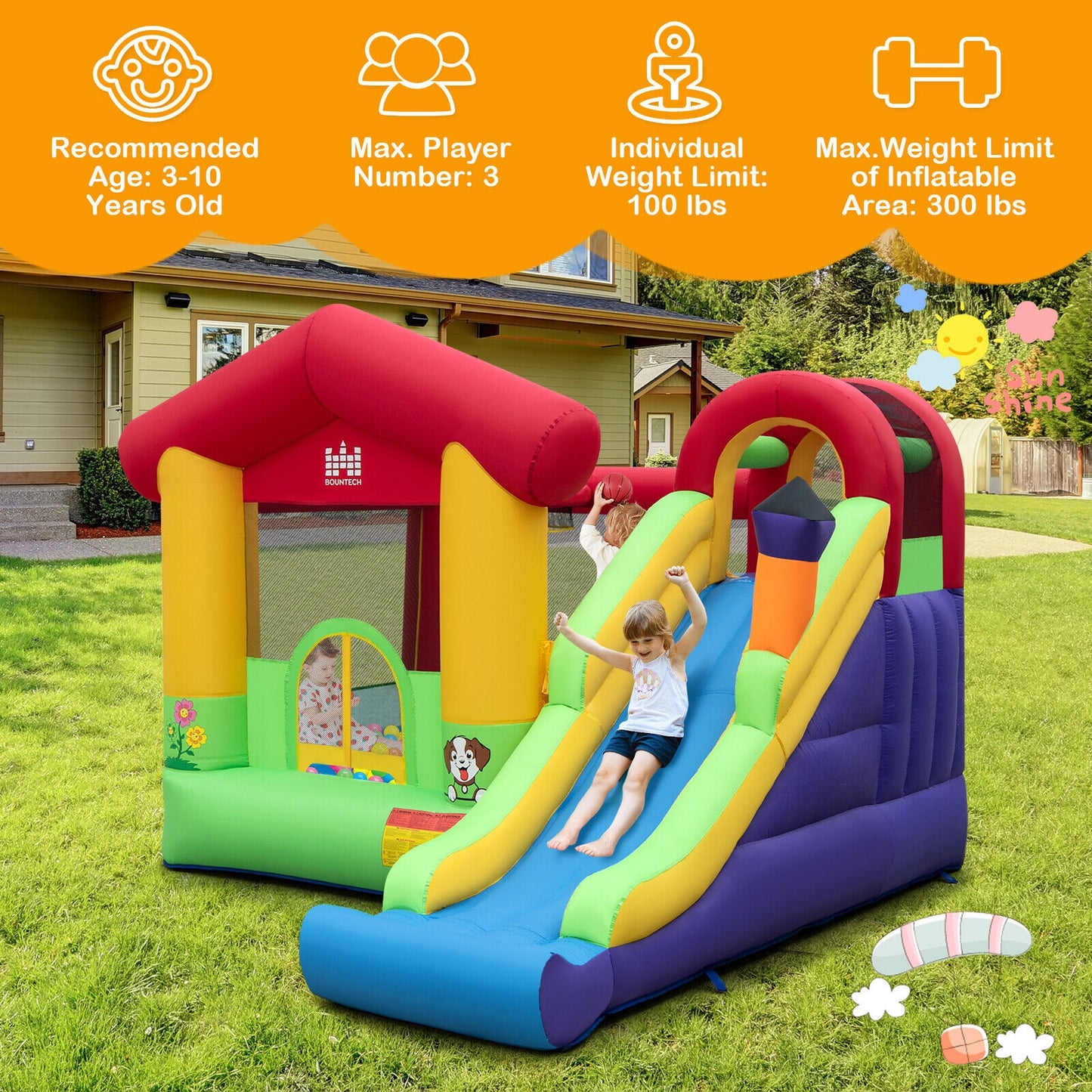 Inflatable Bounce House with Ocean Balls and 735W Air Blower Kids Crystal