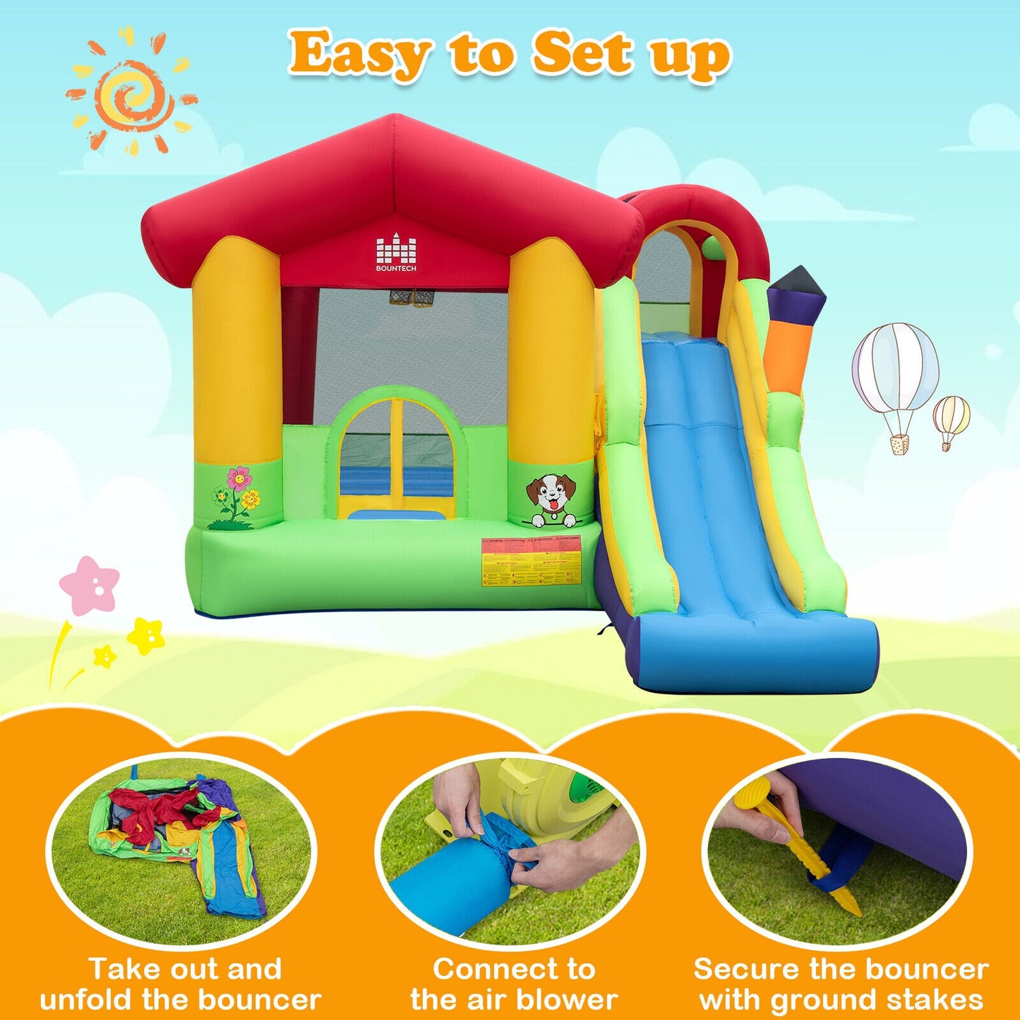 Inflatable Bounce House with Ocean Balls and 735W Air Blower Kids Crystal