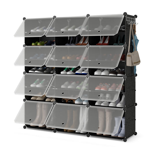 12-Cube 48 Pairs Portable Shoe Shelves with Hook-Black Kids Crystal