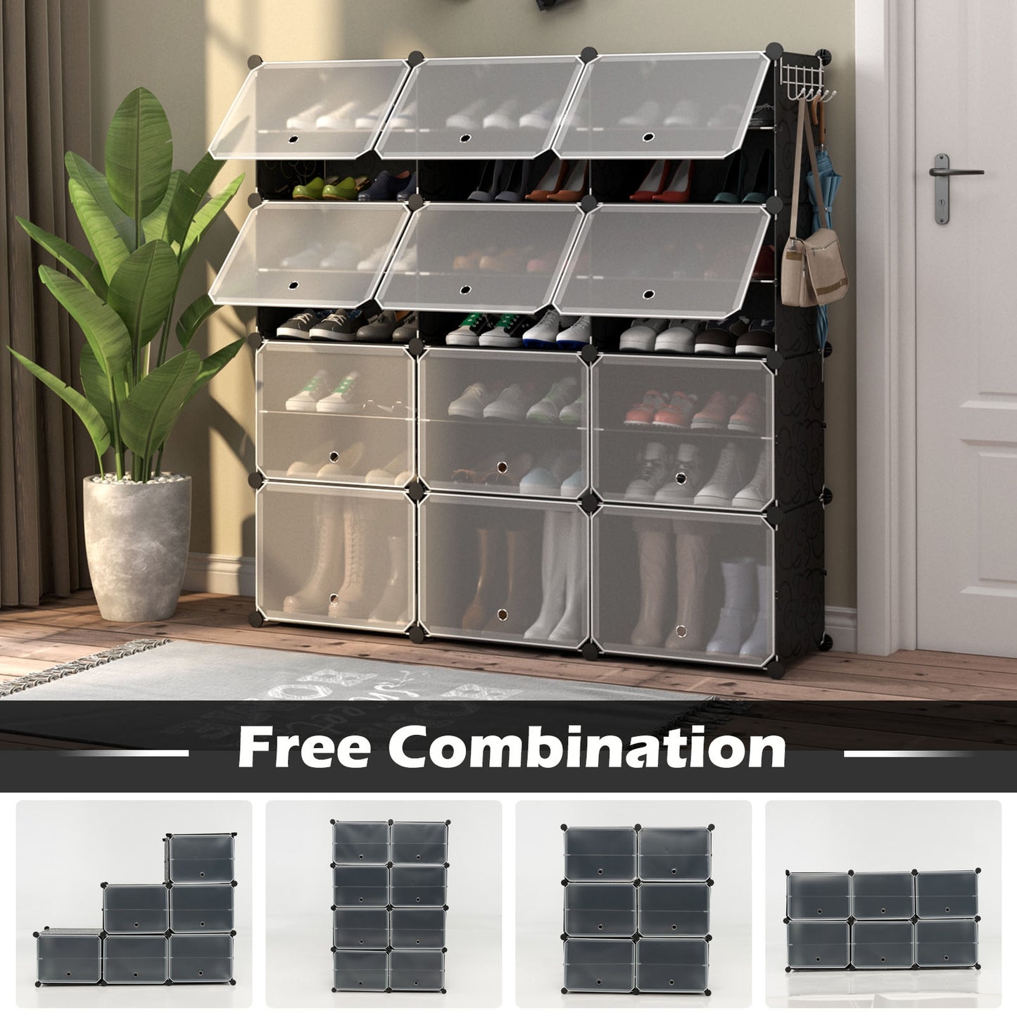 12-Cube 48 Pairs Portable Shoe Shelves with Hook-Black Kids Crystal