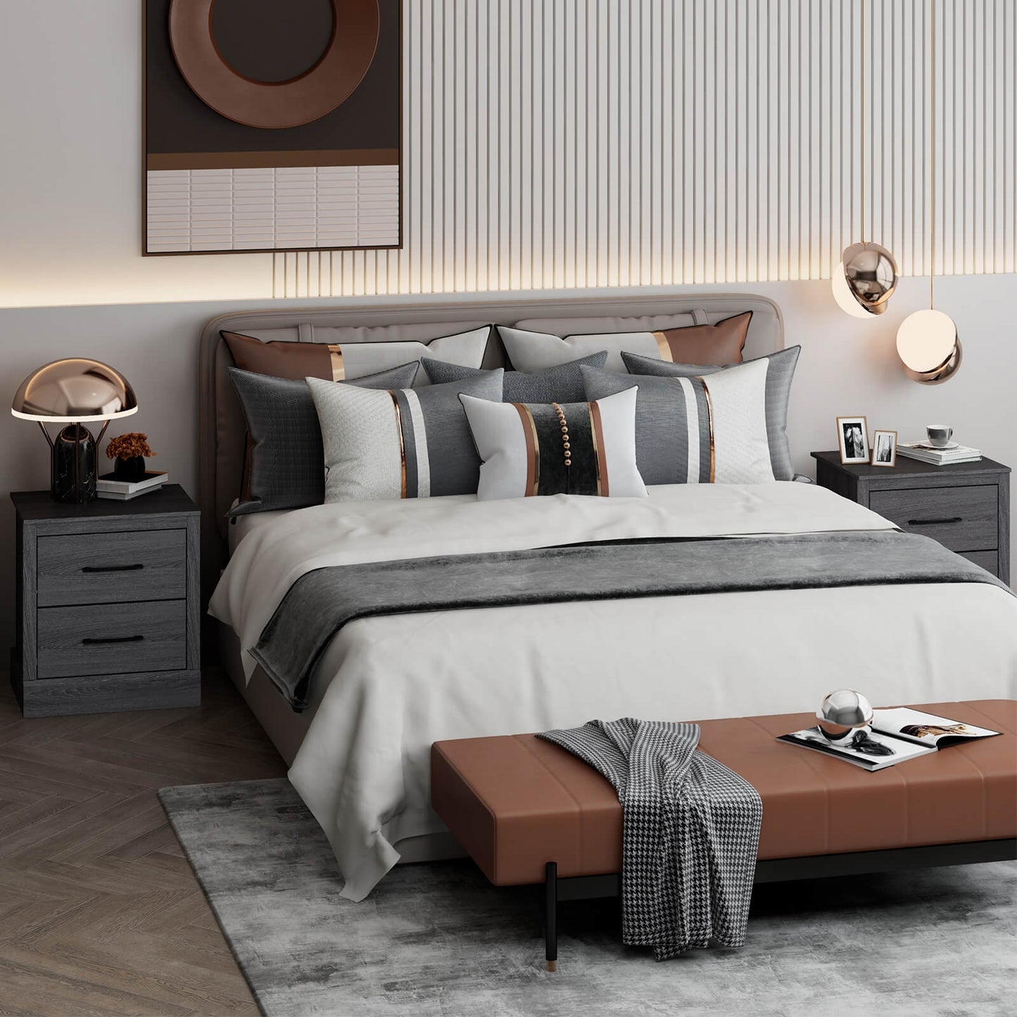 Wood Compact Floor Nightstand with Storage Drawers-Dark Gray Kids Crystal