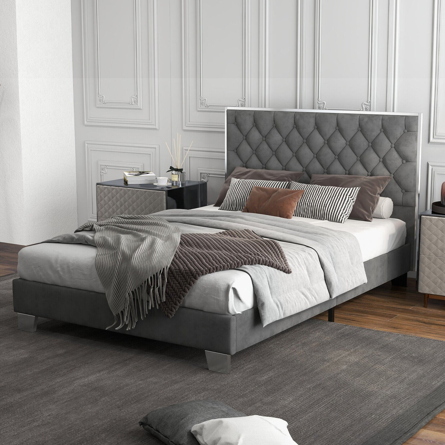 Full/Queen Size Upholstered Bed Frame with Velvet Headboard-Queen Size Kids Crystal