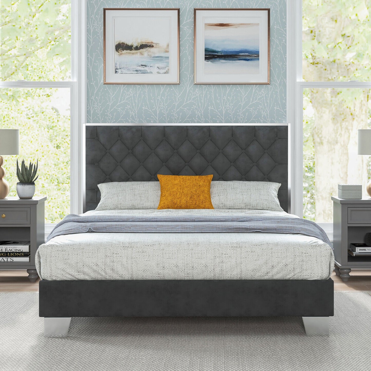 Full/Queen Size Upholstered Bed Frame with Velvet Headboard-Queen Size Kids Crystal