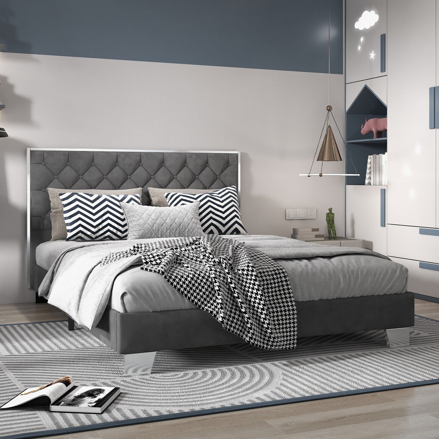 Full/Queen Size Upholstered Bed Frame with Velvet Headboard-Queen Size Kids Crystal