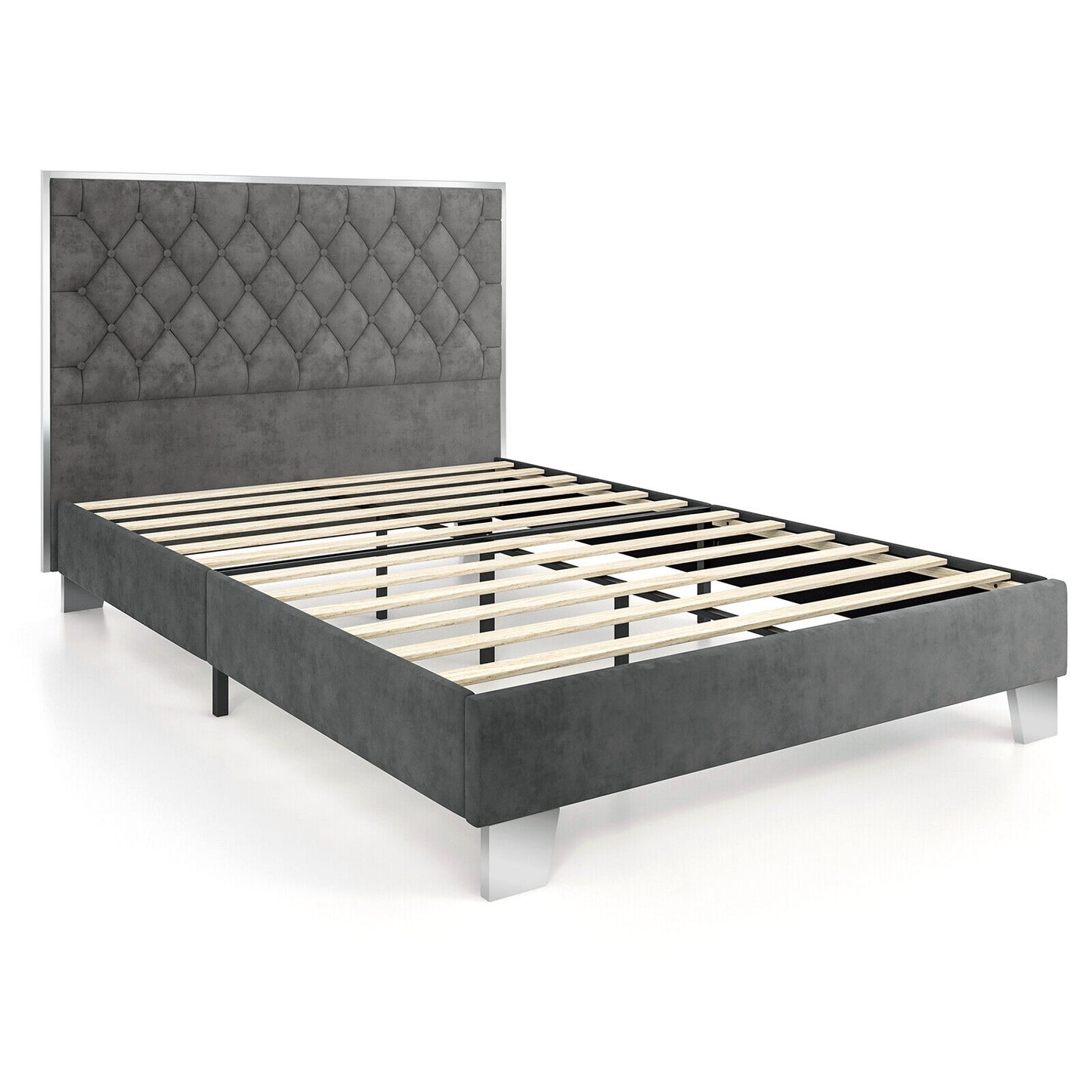 Full/Queen Size Upholstered Bed Frame with Velvet Headboard-Full Size Kids Crystal