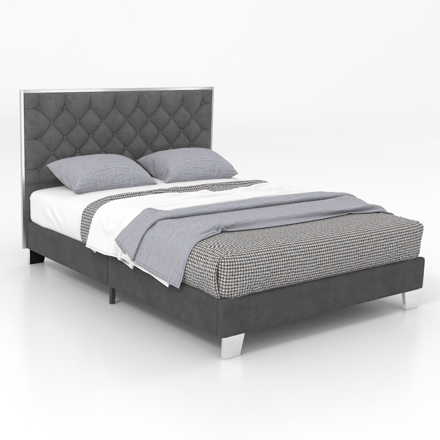 Full/Queen Size Upholstered Bed Frame with Velvet Headboard-Full Size Kids Crystal