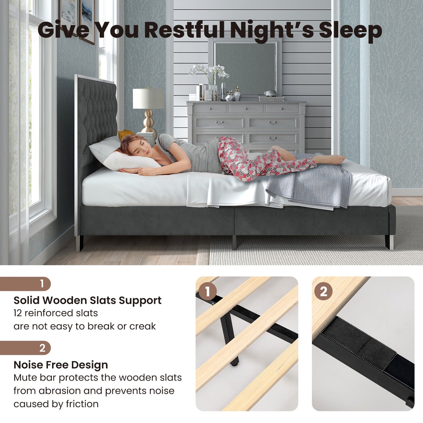 Full/Queen Size Upholstered Bed Frame with Velvet Headboard-Full Size Kids Crystal