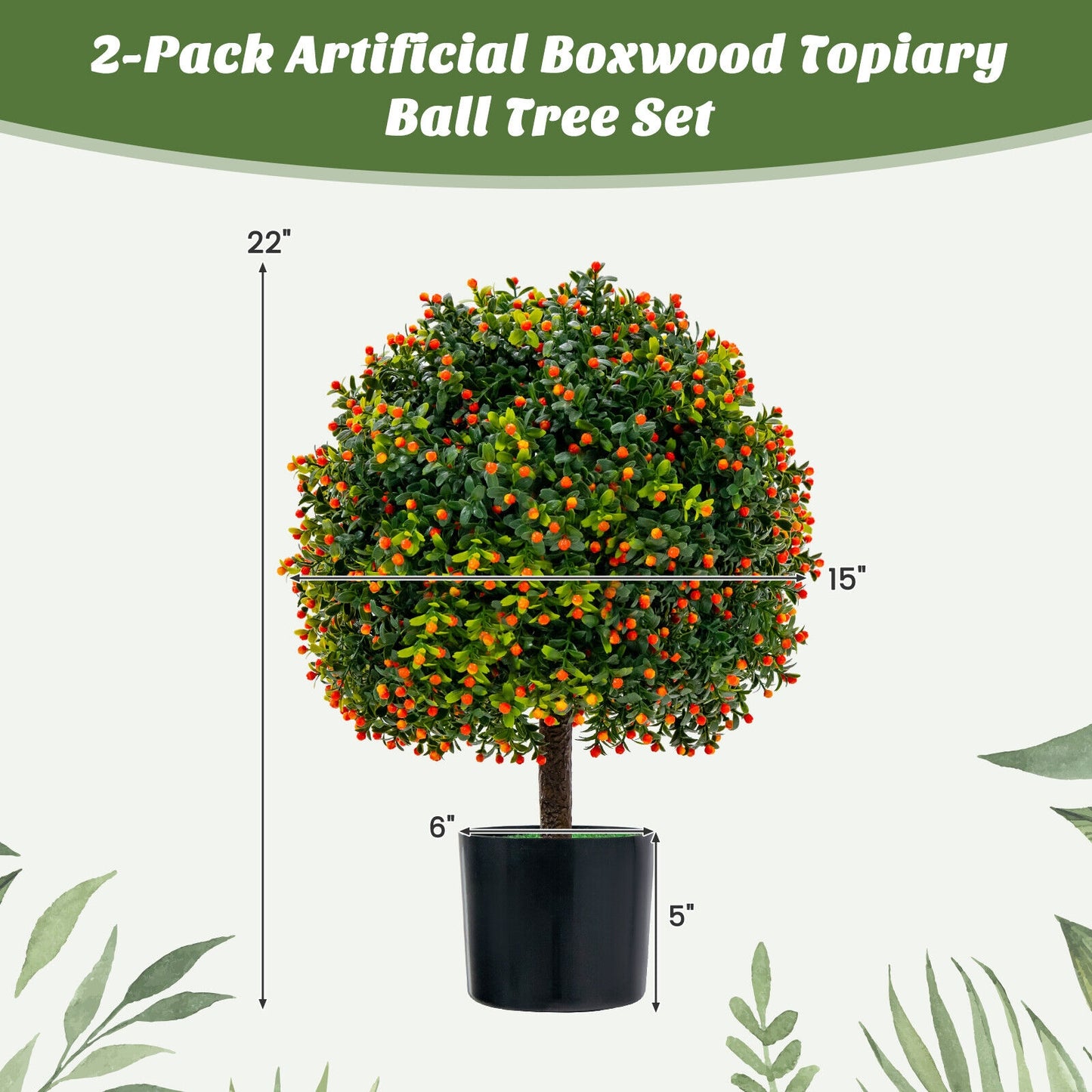 2-Pack Artificial Boxwood Topiary Ball Tree with Orange Fruit Kids Crystal