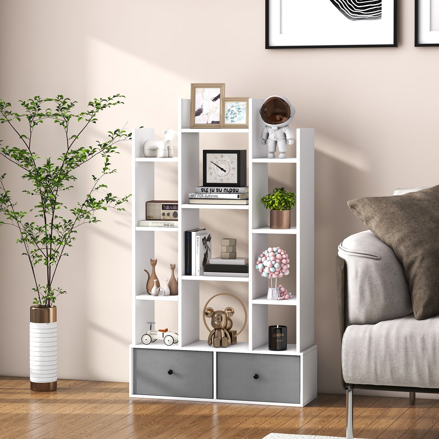 12-Tier Open-Back Freestanding Bookshelf with Drawer-White Kids Crystal