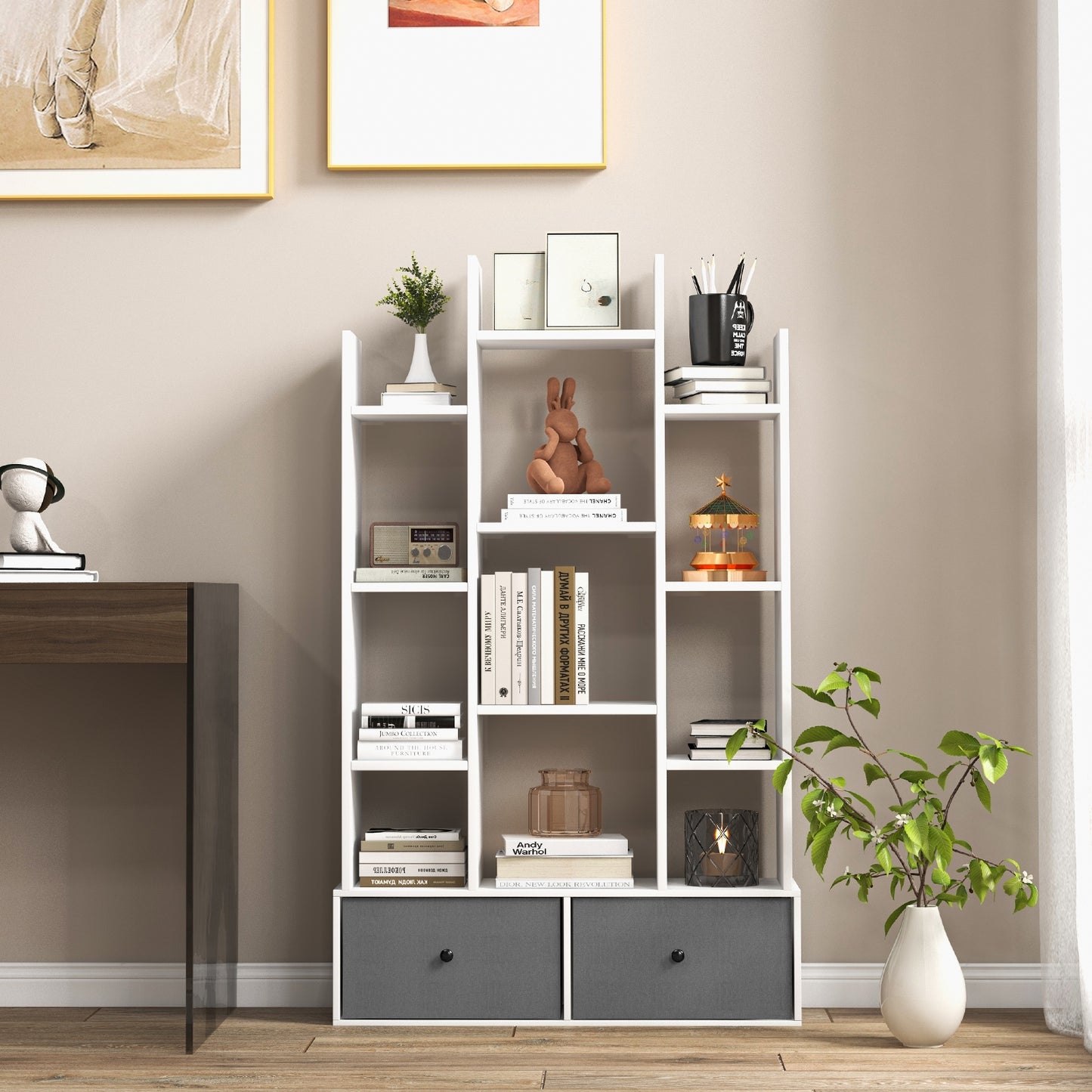 12-Tier Open-Back Freestanding Bookshelf with Drawer-White Kids Crystal