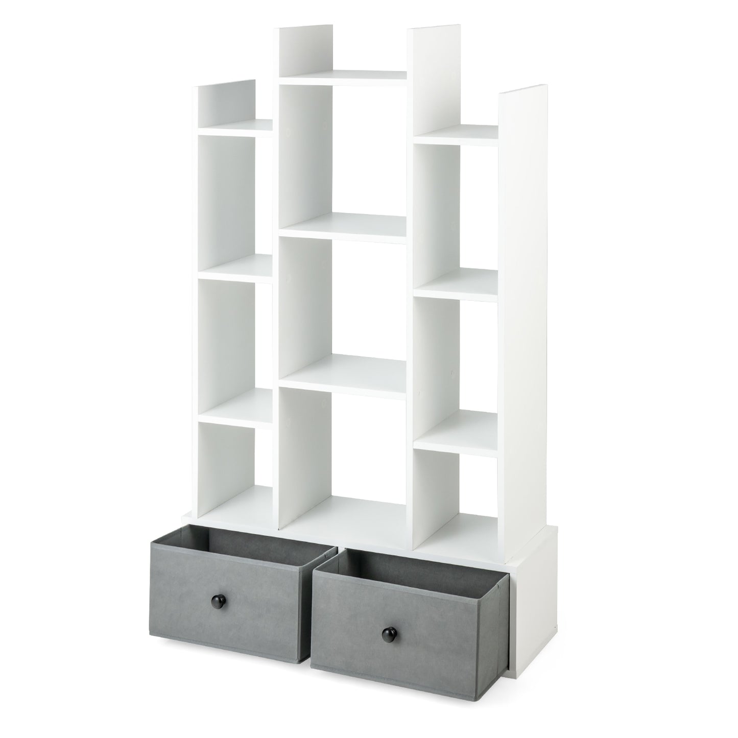 12-Tier Open-Back Freestanding Bookshelf with Drawer-White Kids Crystal