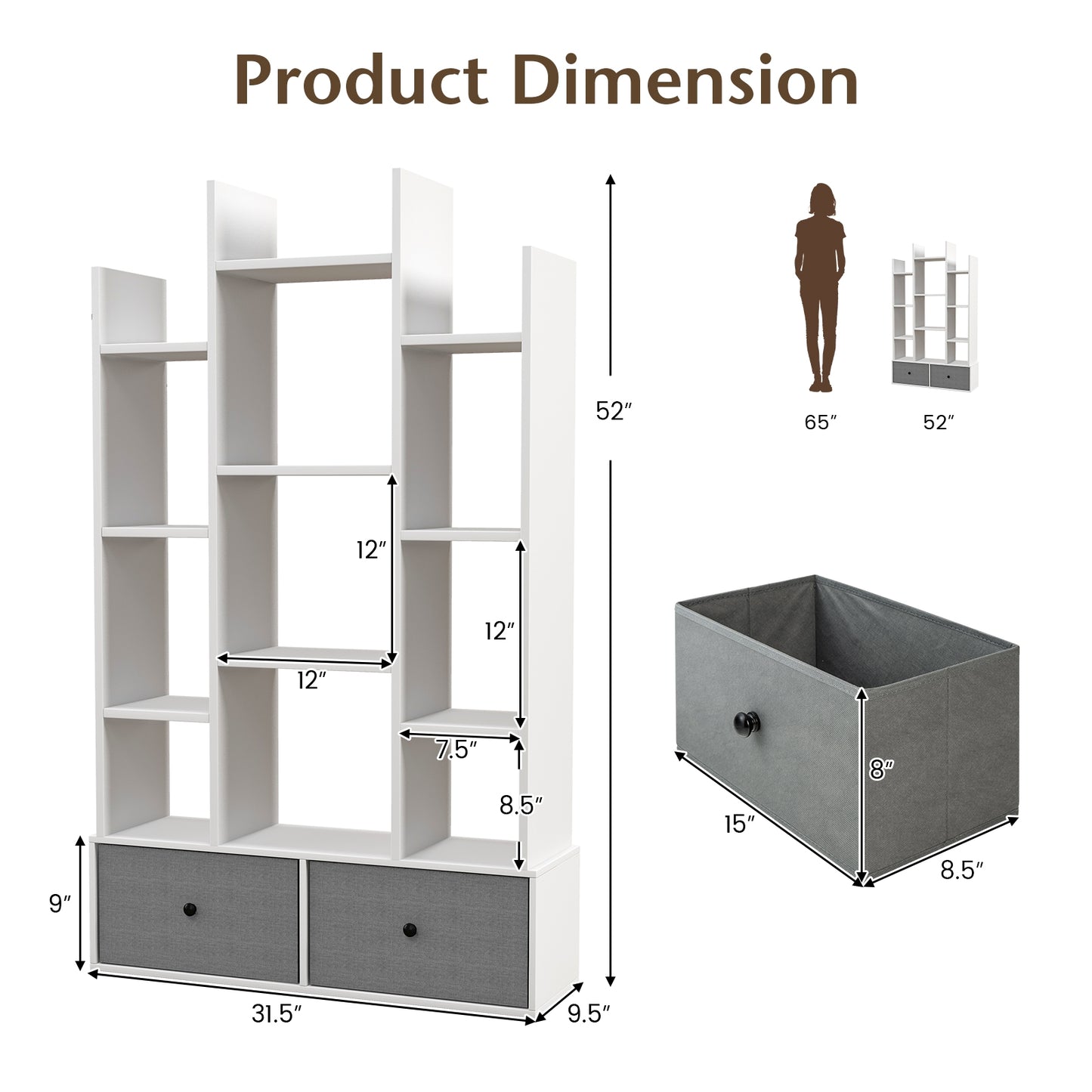 12-Tier Open-Back Freestanding Bookshelf with Drawer-White Kids Crystal