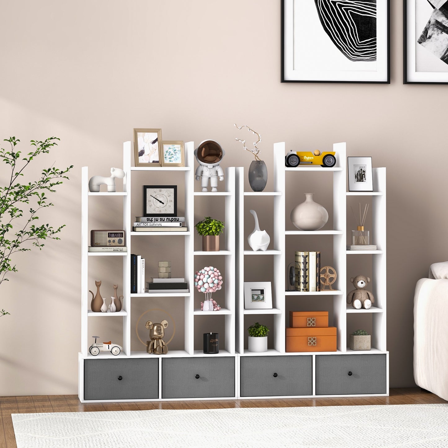 12-Tier Open-Back Freestanding Bookshelf with Drawer-White Kids Crystal