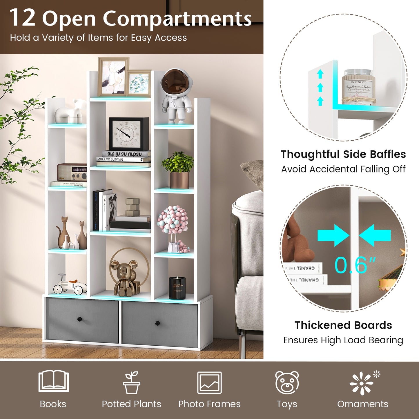 12-Tier Open-Back Freestanding Bookshelf with Drawer-White Kids Crystal