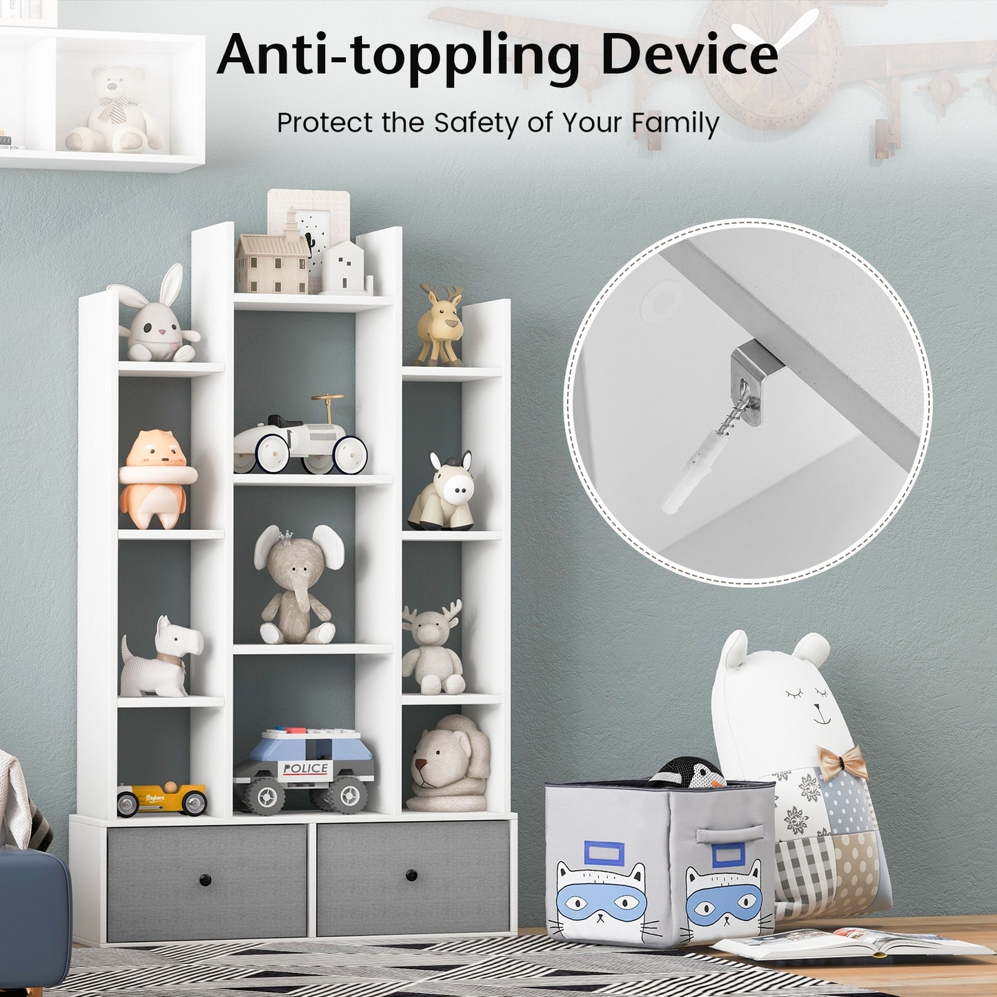 12-Tier Open-Back Freestanding Bookshelf with Drawer-White Kids Crystal