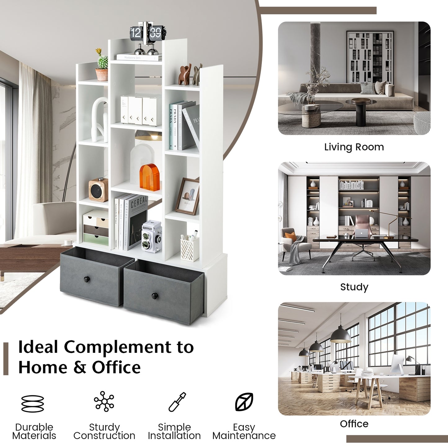 12-Tier Open-Back Freestanding Bookshelf with Drawer-White Kids Crystal