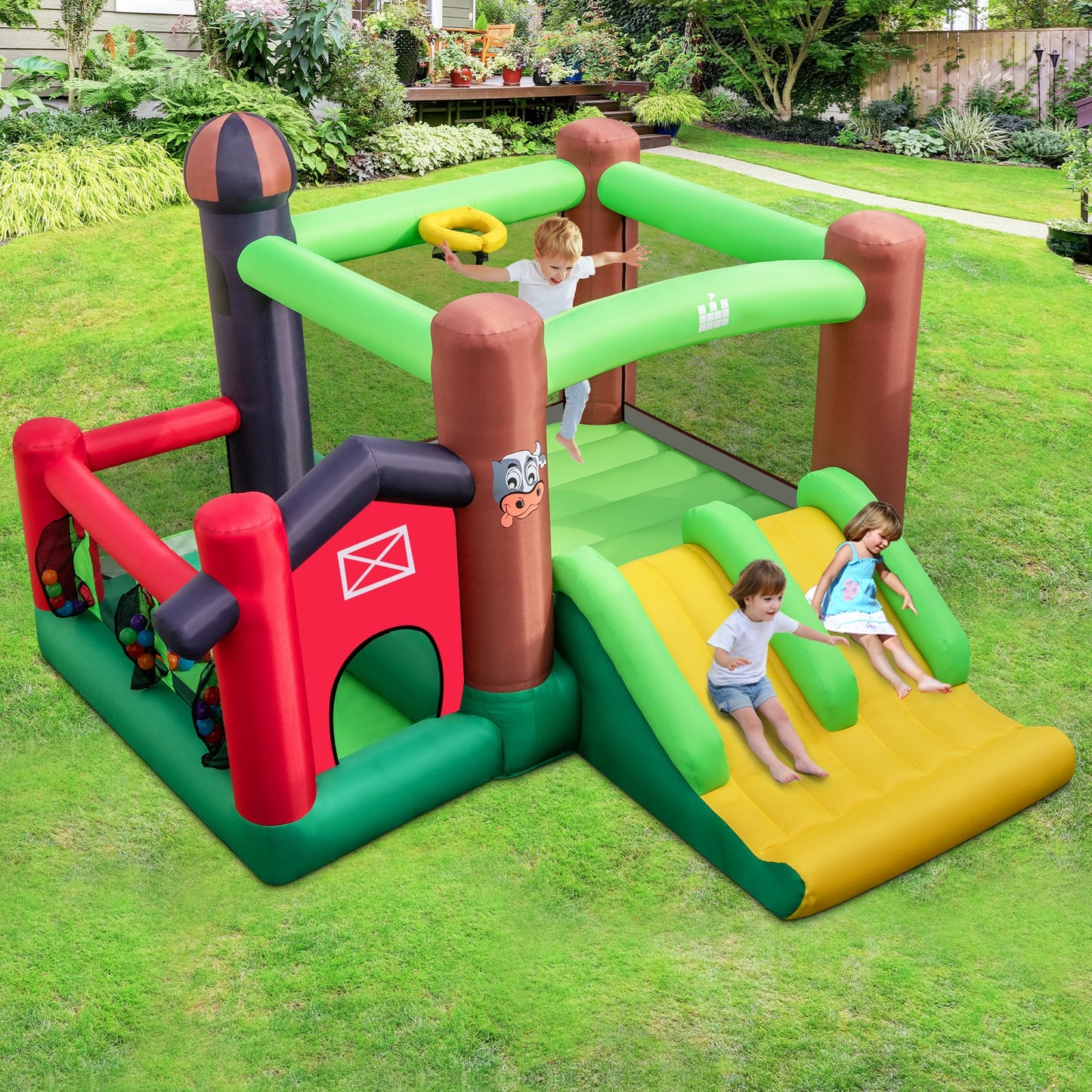 6-in-1 Inflatable Bounce House with Double Slides without 735W Blower Kids Crystal