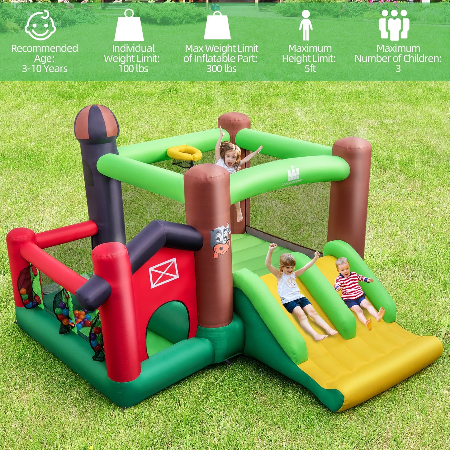 6-in-1 Inflatable Bounce House with Double Slides without 735W Blower Kids Crystal