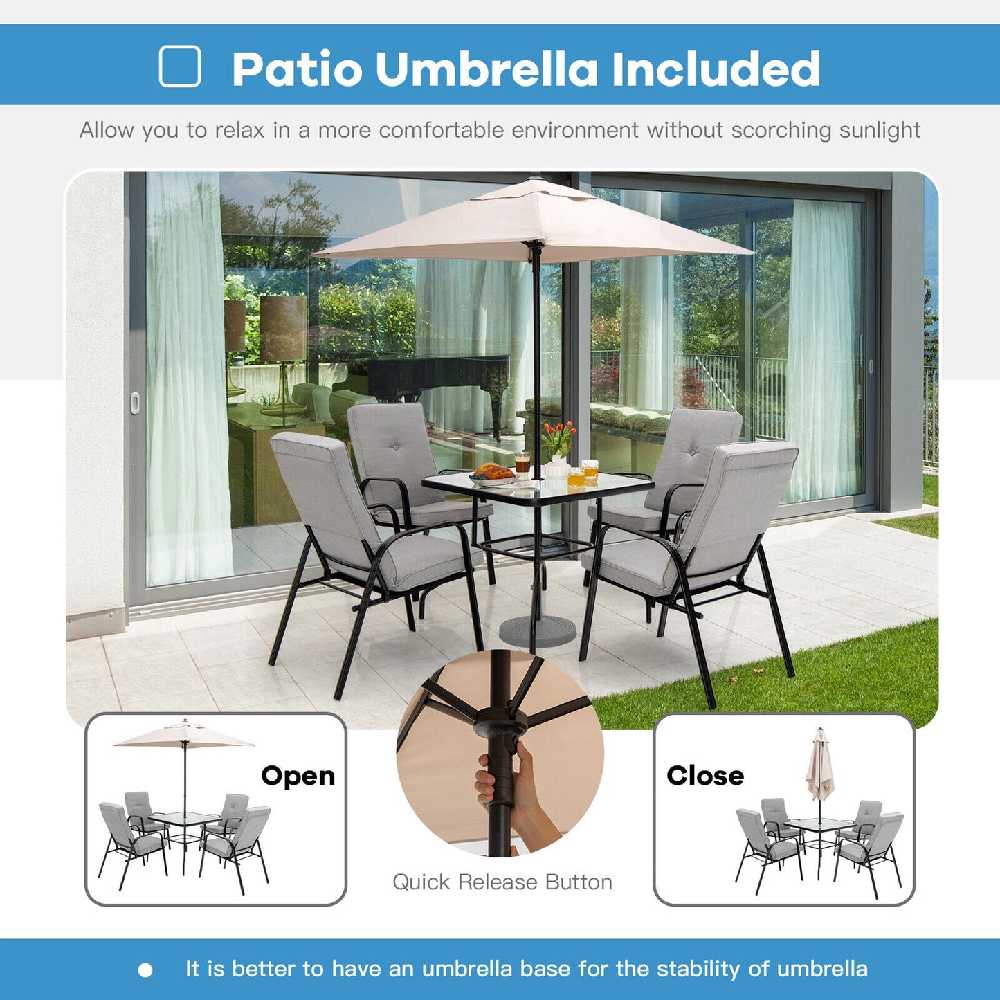 5 Feet Patio Square Market Table Umbrella Shelter with 4 Sturdy Ribs Kids Crystal
