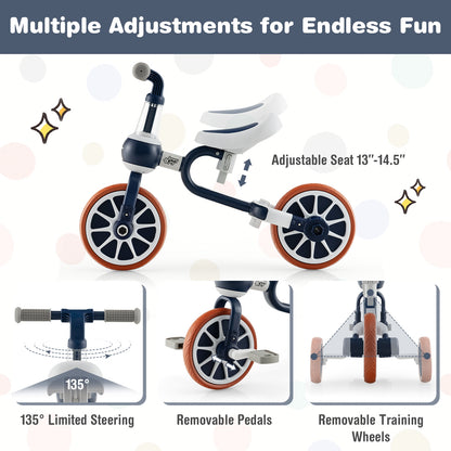 4-in-1 Kids Trike Bike with Adjustable Parent Push Handle and Seat Height-Navy