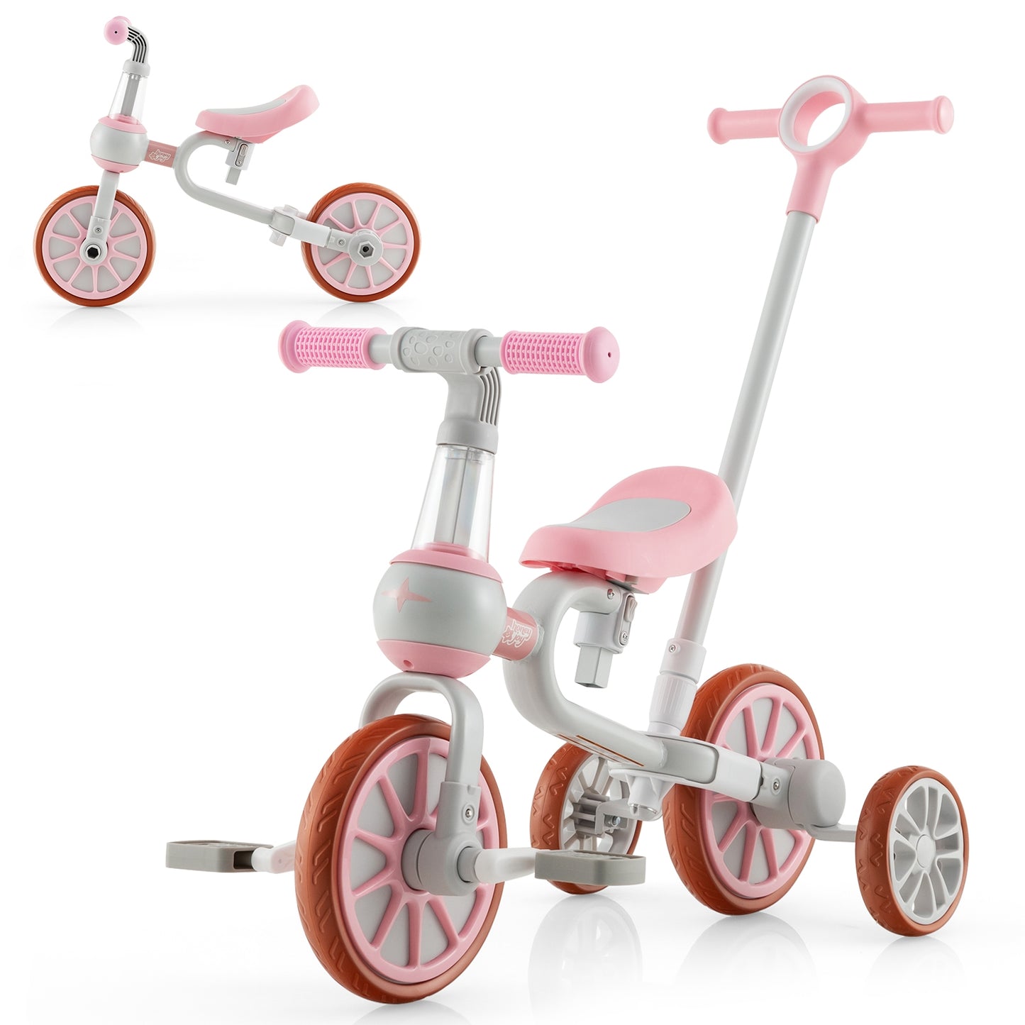 4-in-1 Kids Trike Bike with Adjustable Parent Push Handle and Seat Height-Pink Kids Crystal