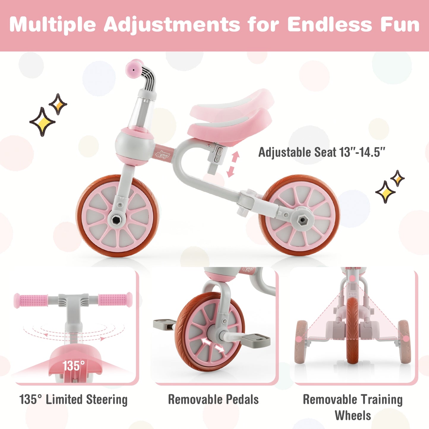 4-in-1 Kids Trike Bike with Adjustable Parent Push Handle and Seat Height-Pink Kids Crystal