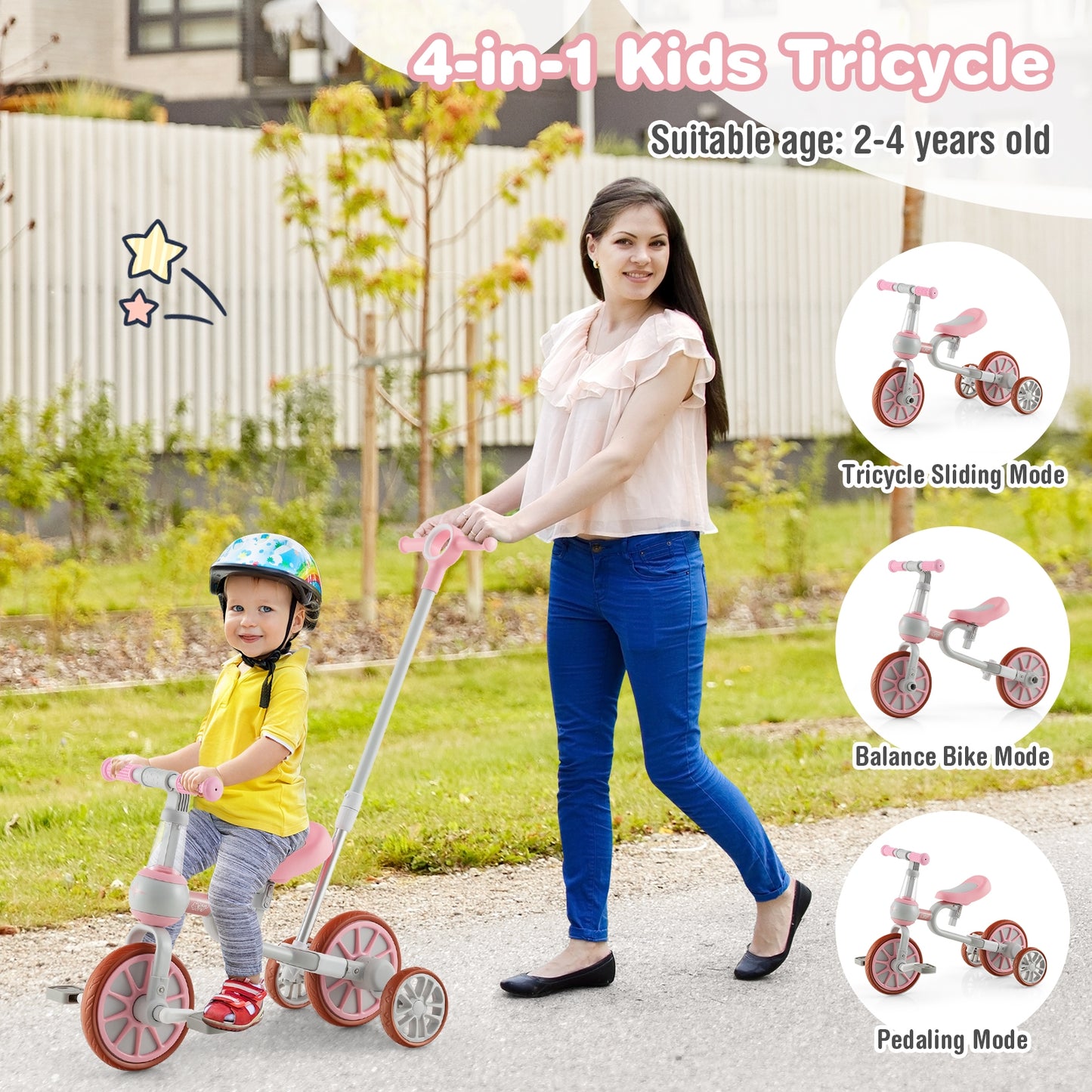 4-in-1 Kids Trike Bike with Adjustable Parent Push Handle and Seat Height-Pink Kids Crystal