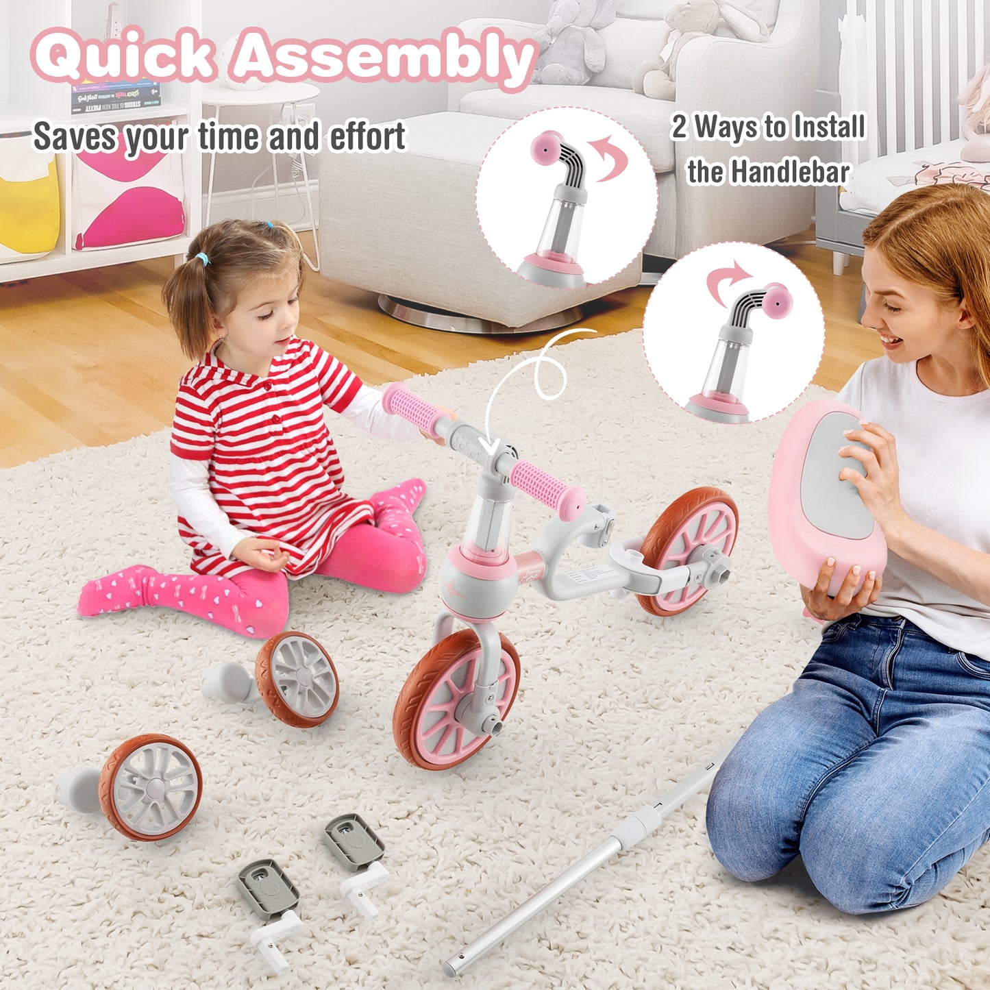 4-in-1 Kids Trike Bike with Adjustable Parent Push Handle and Seat Height-Pink Kids Crystal