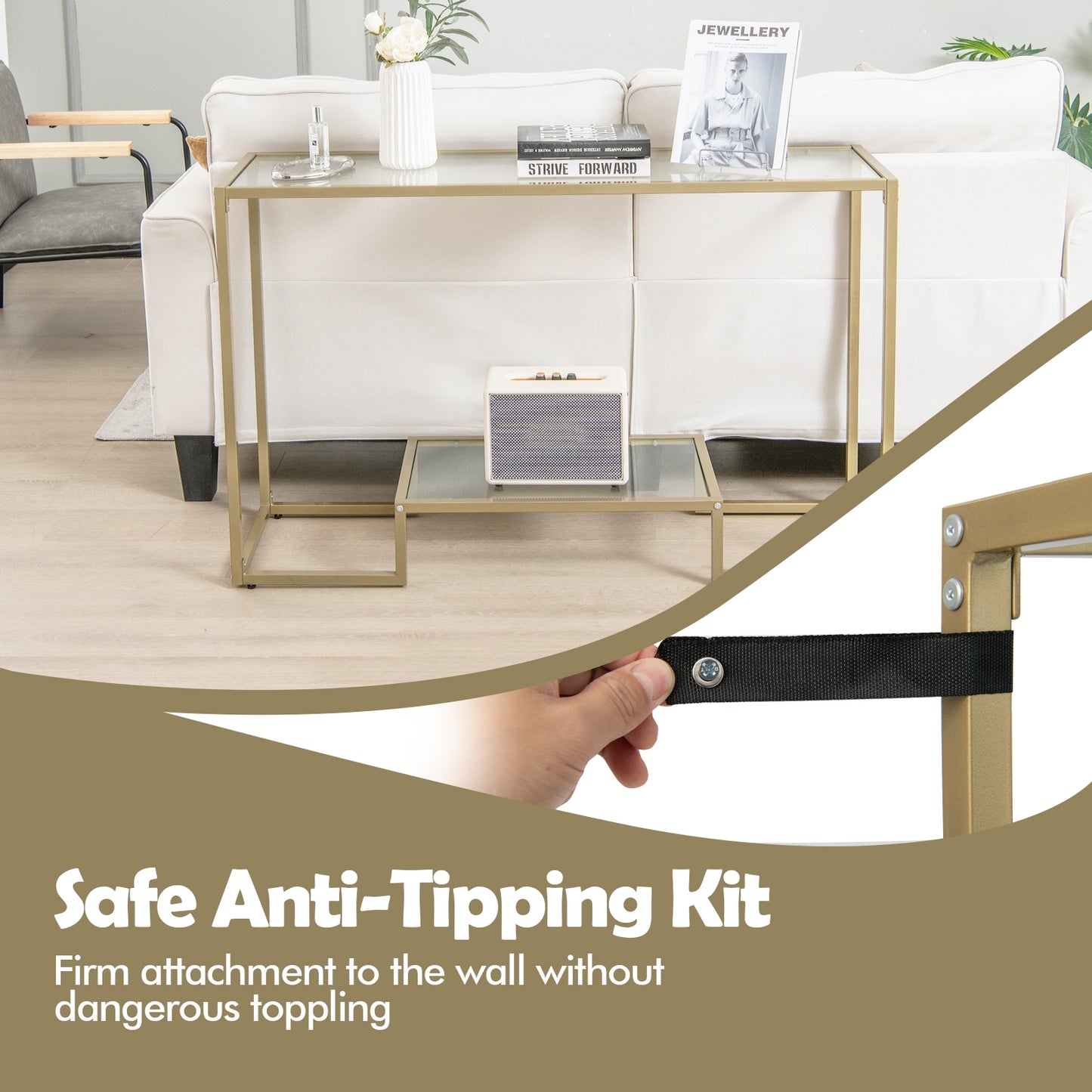 48 Inch 2-Tier Console Table with Tempered Glass Tabletop for Hallway-Golden Kids Crystal