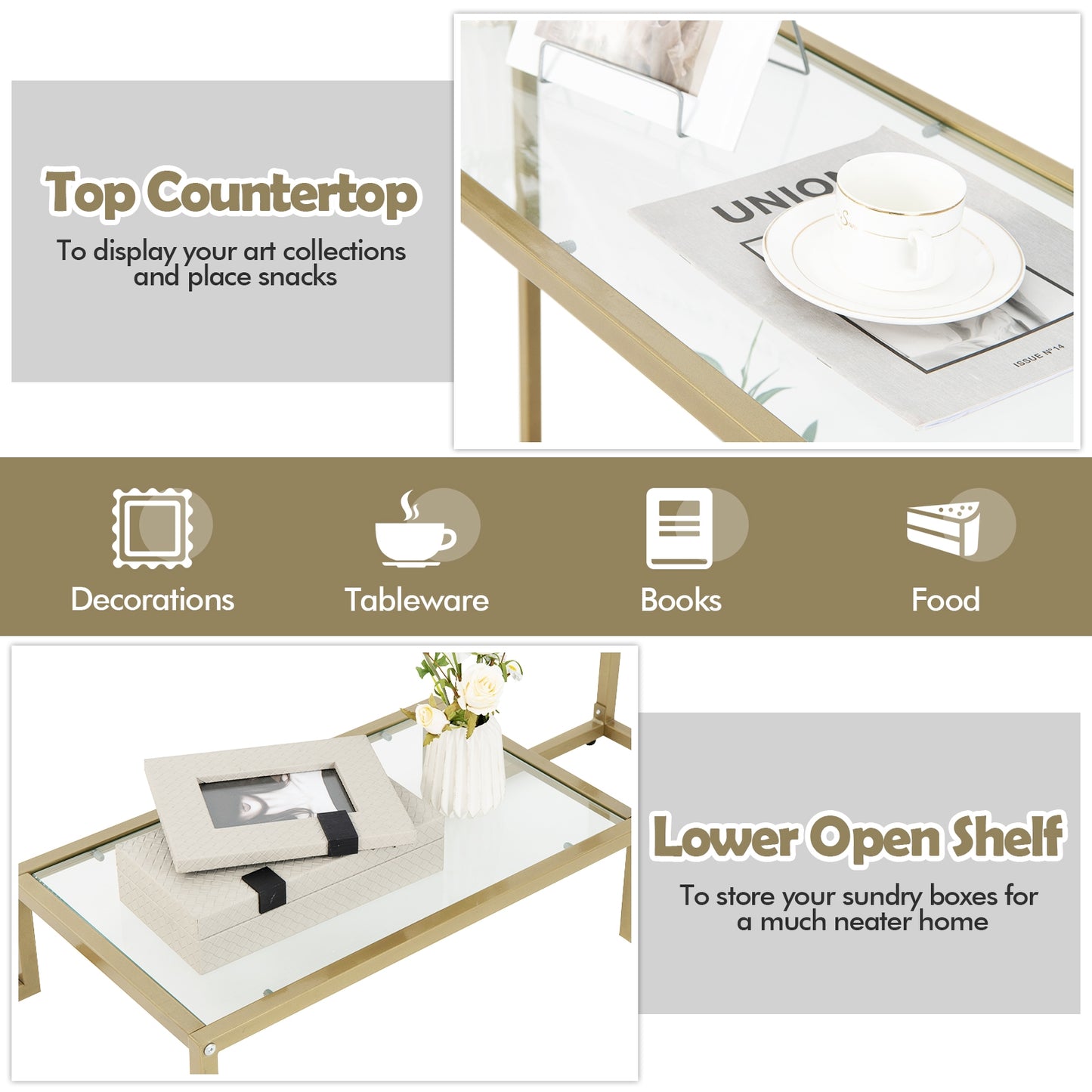 48 Inch 2-Tier Console Table with Tempered Glass Tabletop for Hallway-Golden Kids Crystal