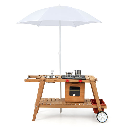 Wooden Play Cart with Sun Proof Umbrella for Toddlers Over 3 Years Old-Brown Kids Crystal