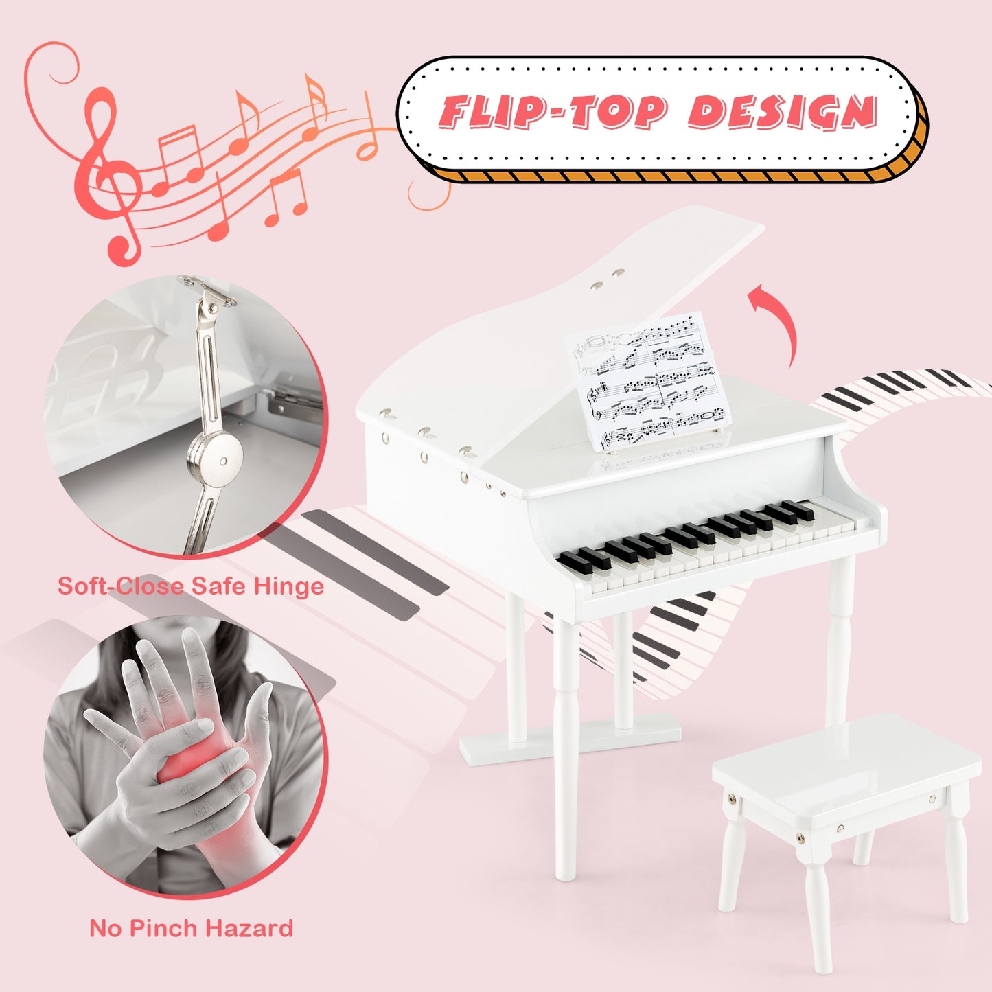 30-Key Kids Piano Keyboard Toy with Bench Piano Lid and Music Rack-White Kids Crystal