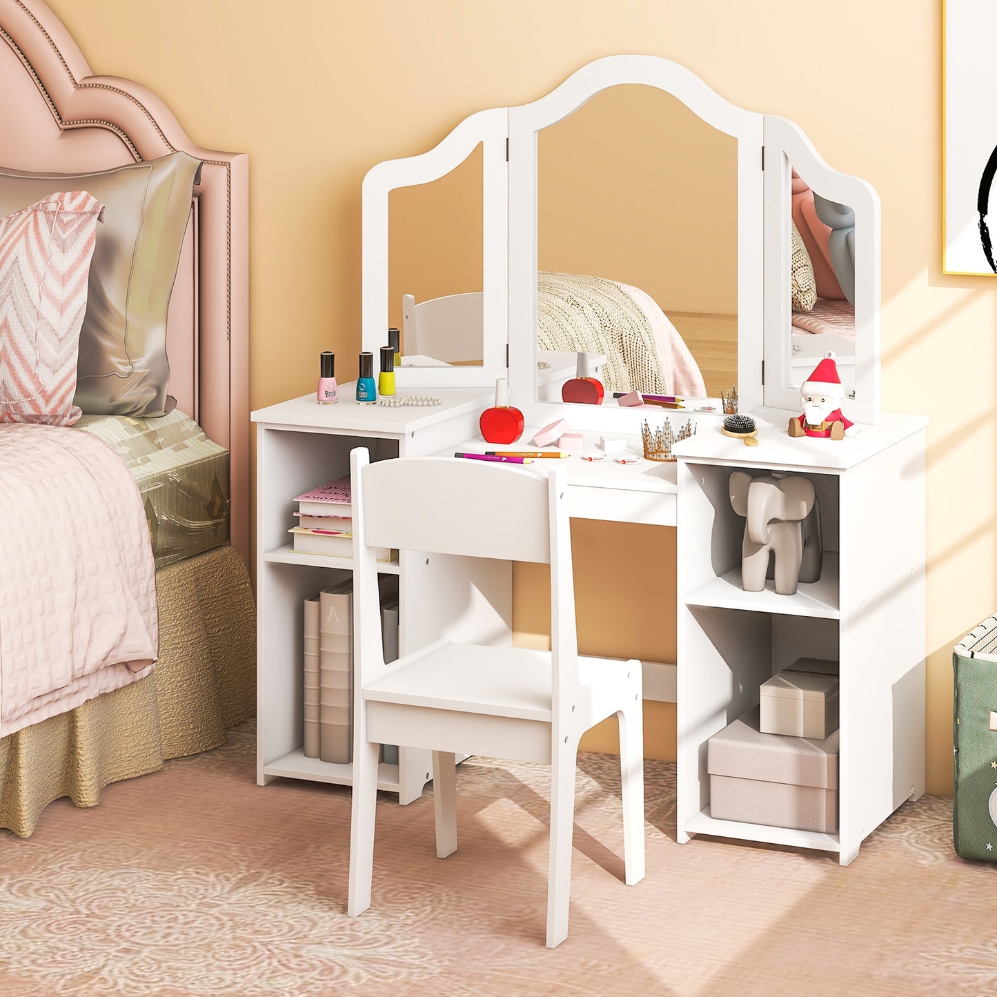 Kids Vanity Table and Chair Set with Removable Tri-Folding Mirror-White Kids Crystal